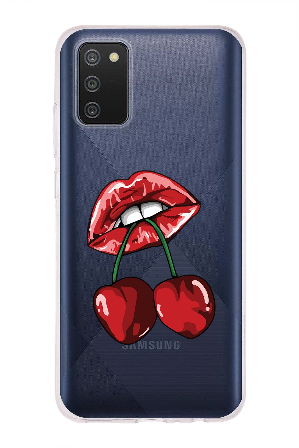 moonset Samsung Galaxy A02S Uyumlu Dudak ve Kiraz Tasarımlı Baskılı Şeffaf Telefon Kılıfı