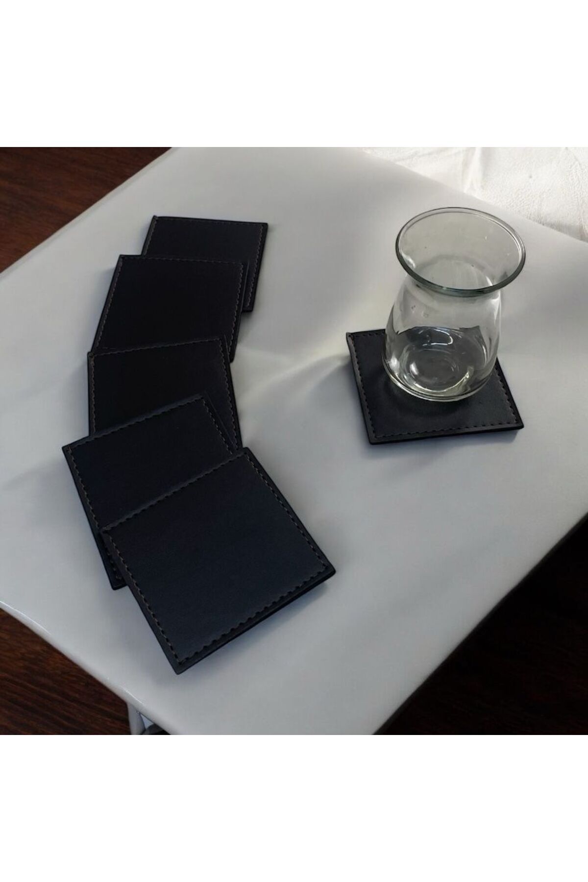 Eren Ofis Kahverengi 6’lı Termo Deri Özel Dikişli Bardak Altlığı - Kahve Altlığı Fincan Altlığı (8x8,5 cm)