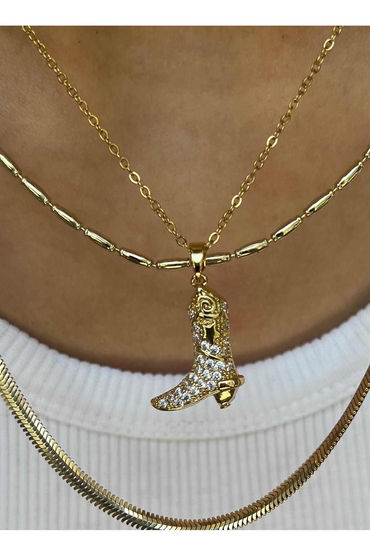 rimeaccessories çelik gold vintage taşlı çizme model kolye