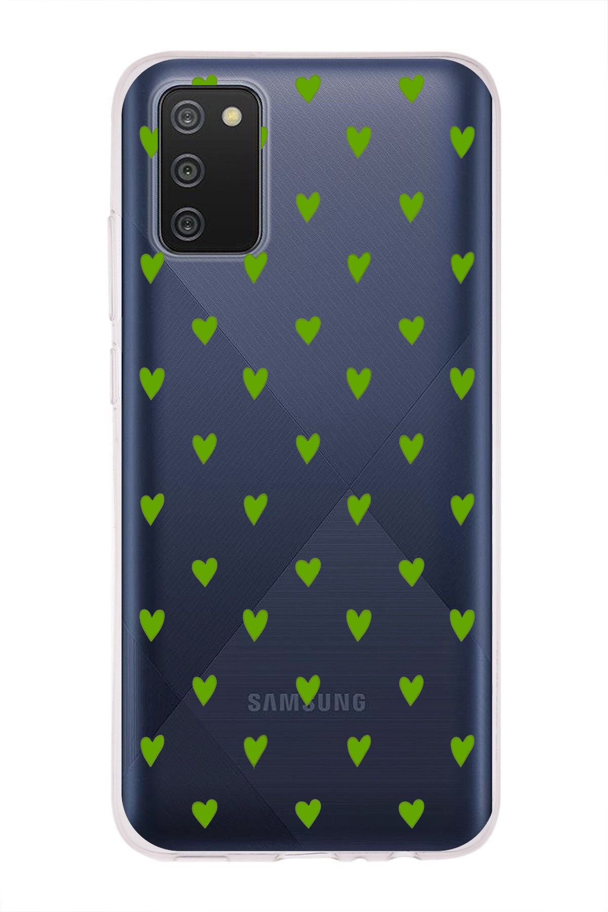 moonset Samsung Galaxy A02S Uyumlu Yeşil Kalpler Tasarımlı Baskılı Şeffaf Telefon Kılıfı