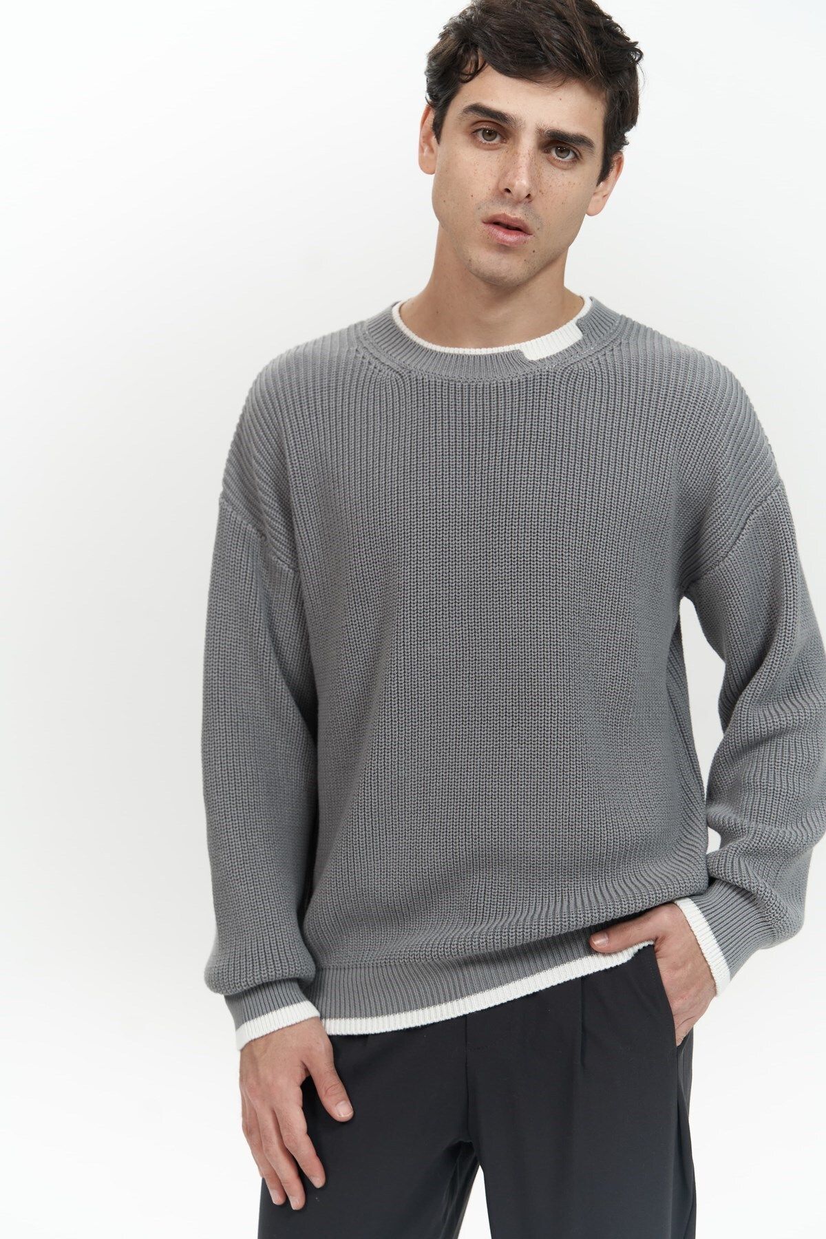 MAİ COLLECTİON-Carter Double Collar Detailed Gray Men's Knitwear Sweater 7