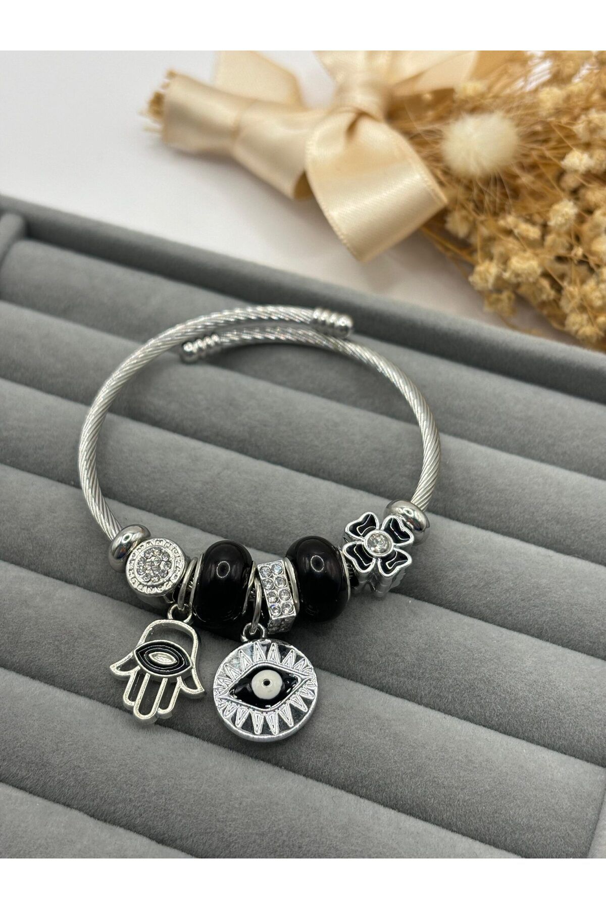 stainles steel Lianes Çelik Siyah El Göz Charm Bileklik
