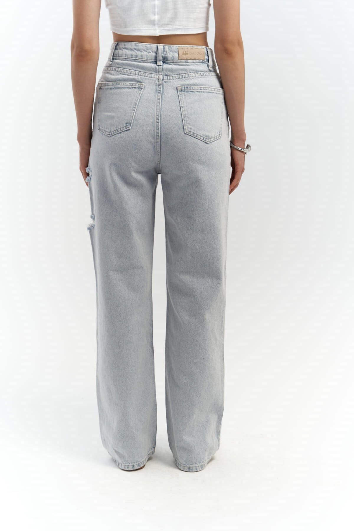 MAİ COLLECTİON-Detail severního pasu Double Ripped Ice Blue Jean 5