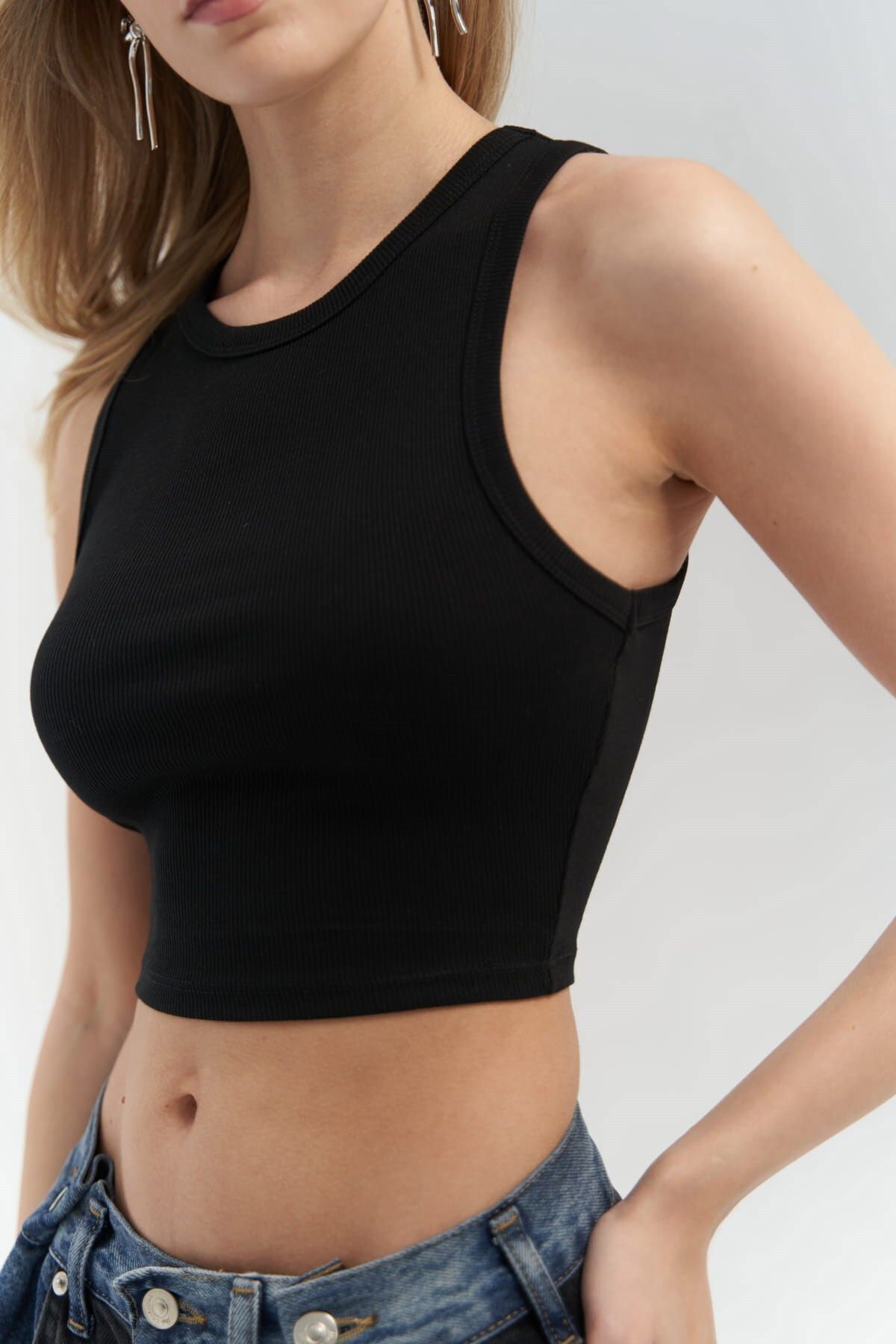 MAİ COLLECTİON-Fleur Corded Neckholder Schwarz Crop 2