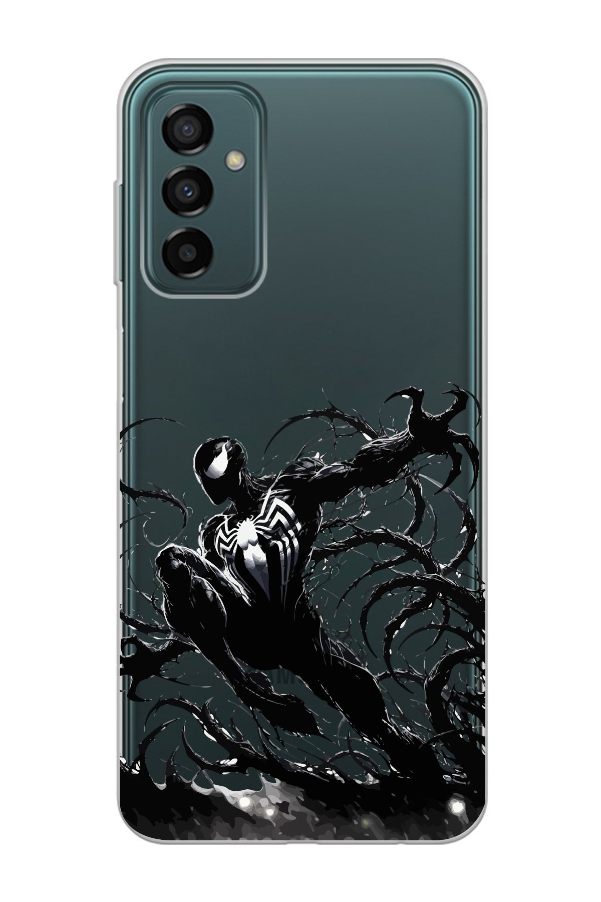 moonset Samsung Galaxy M13 / M23 Uyumlu Siyah Örümcek Tasarımlı Baskılı Şeffaf Telefon Kılıfı