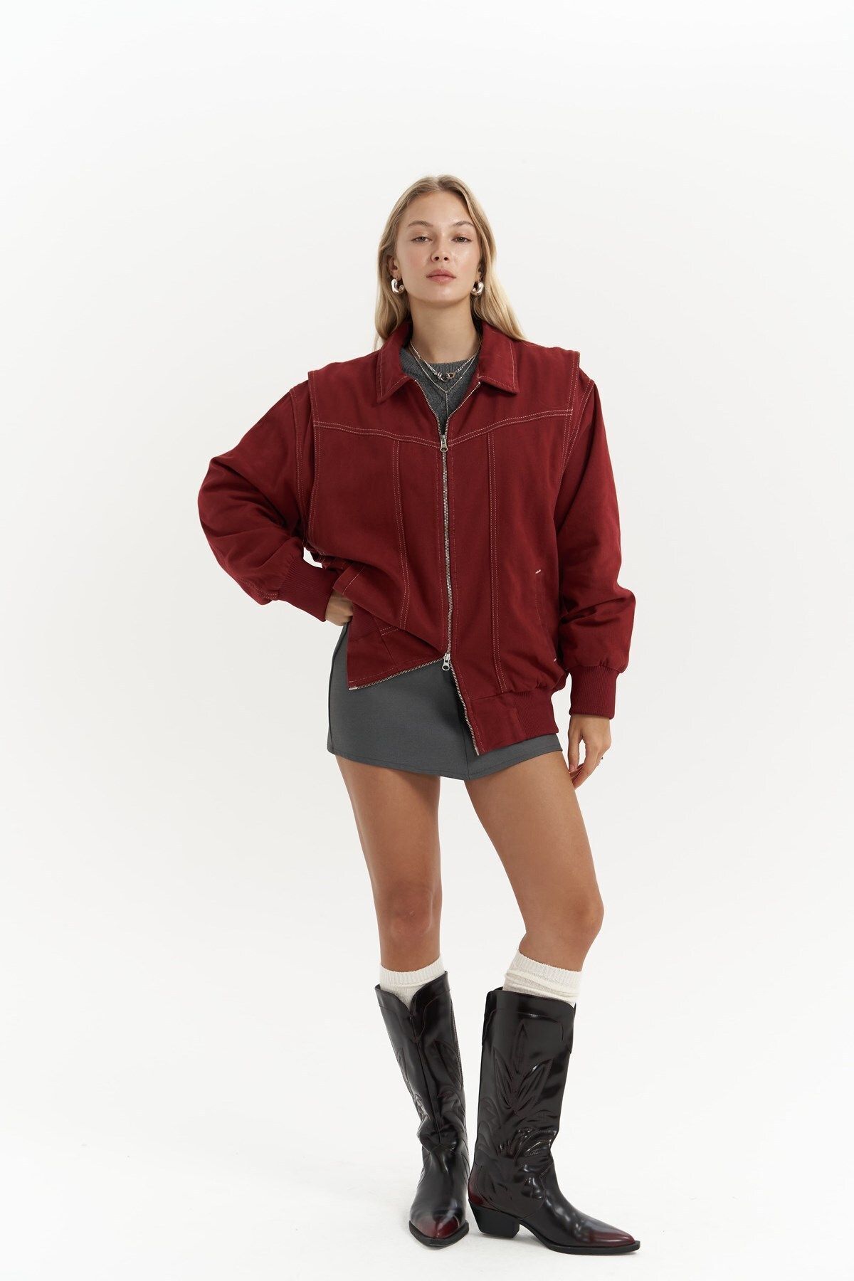 MAİ COLLECTİON-Neus Burgundy Oversize Jean Jacket 7