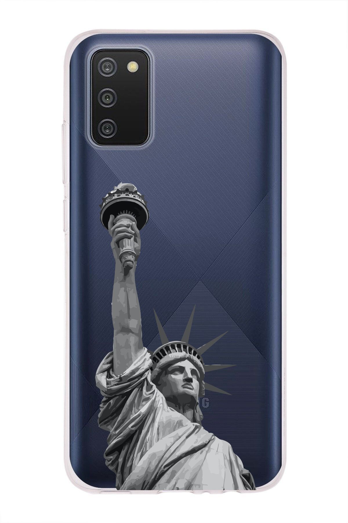 moonset Samsung Galaxy A02S Uyumlu Özgürlük Heykeli Tasarımlı Baskılı Şeffaf Telefon Kılıfı