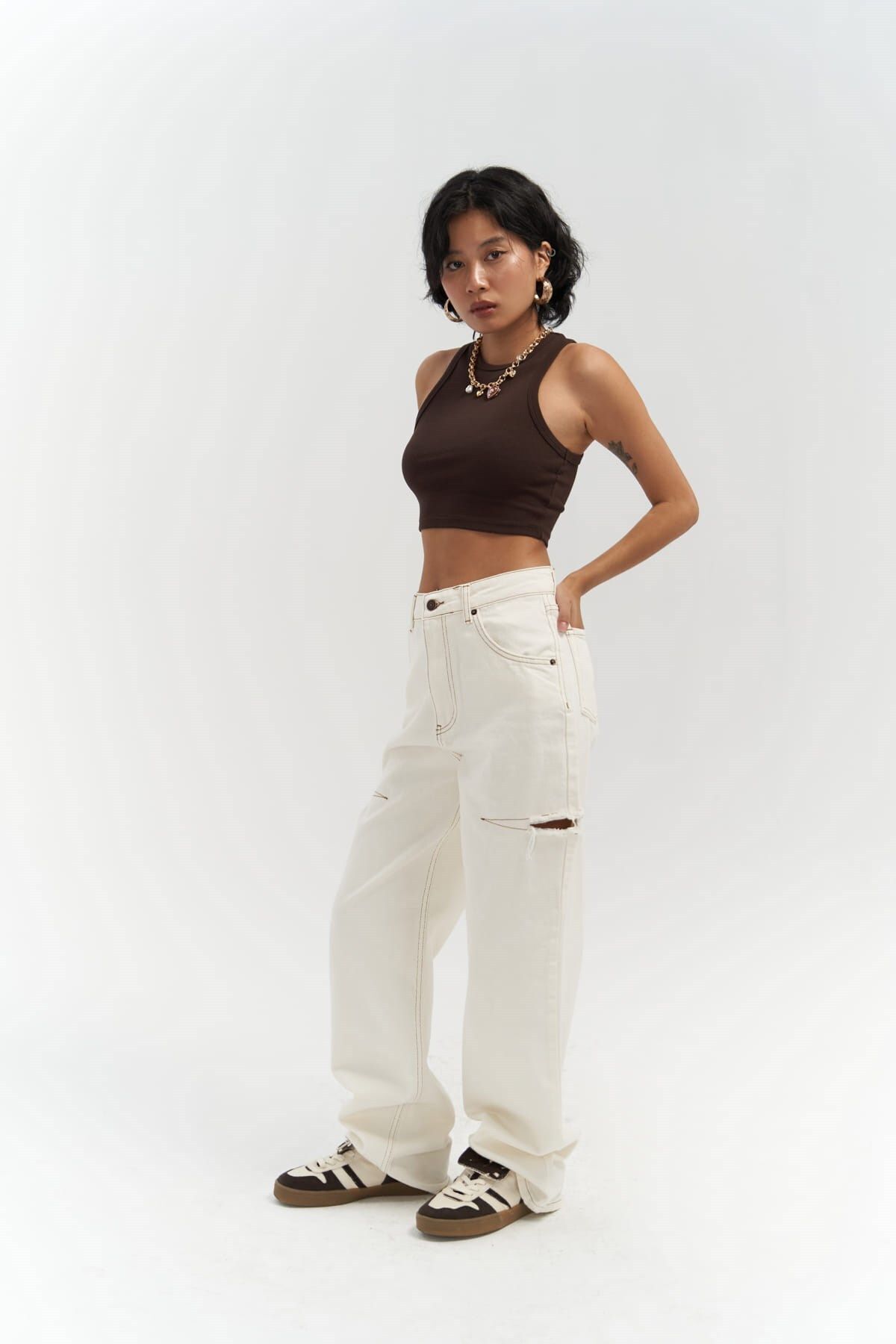 MAİ COLLECTİON Jeansy Mai Palm Ecru Ripped Detail