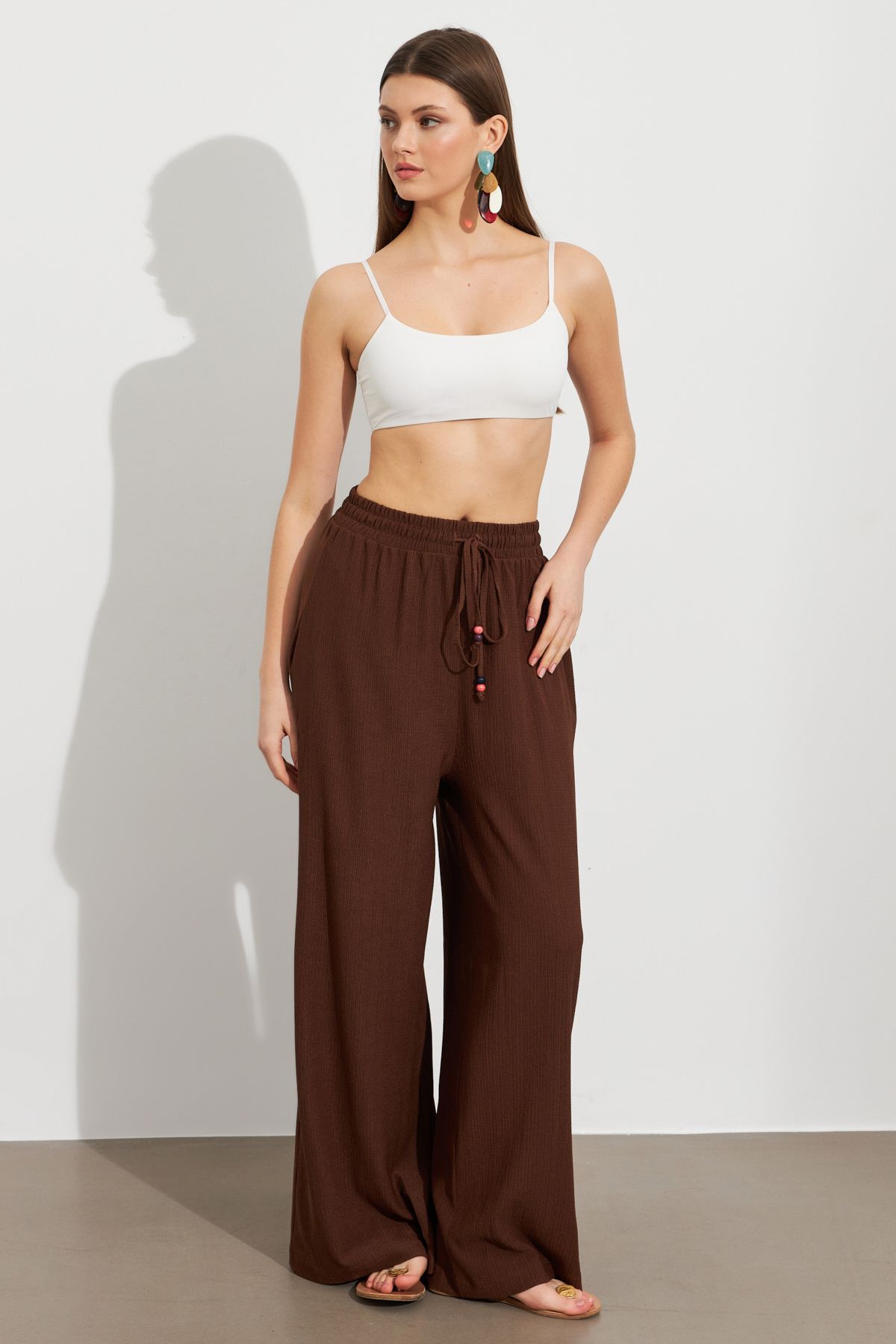 Cool & Sexy Kadın Kahverengi Beli Lastikli Bürümcük Pantolon ROP105