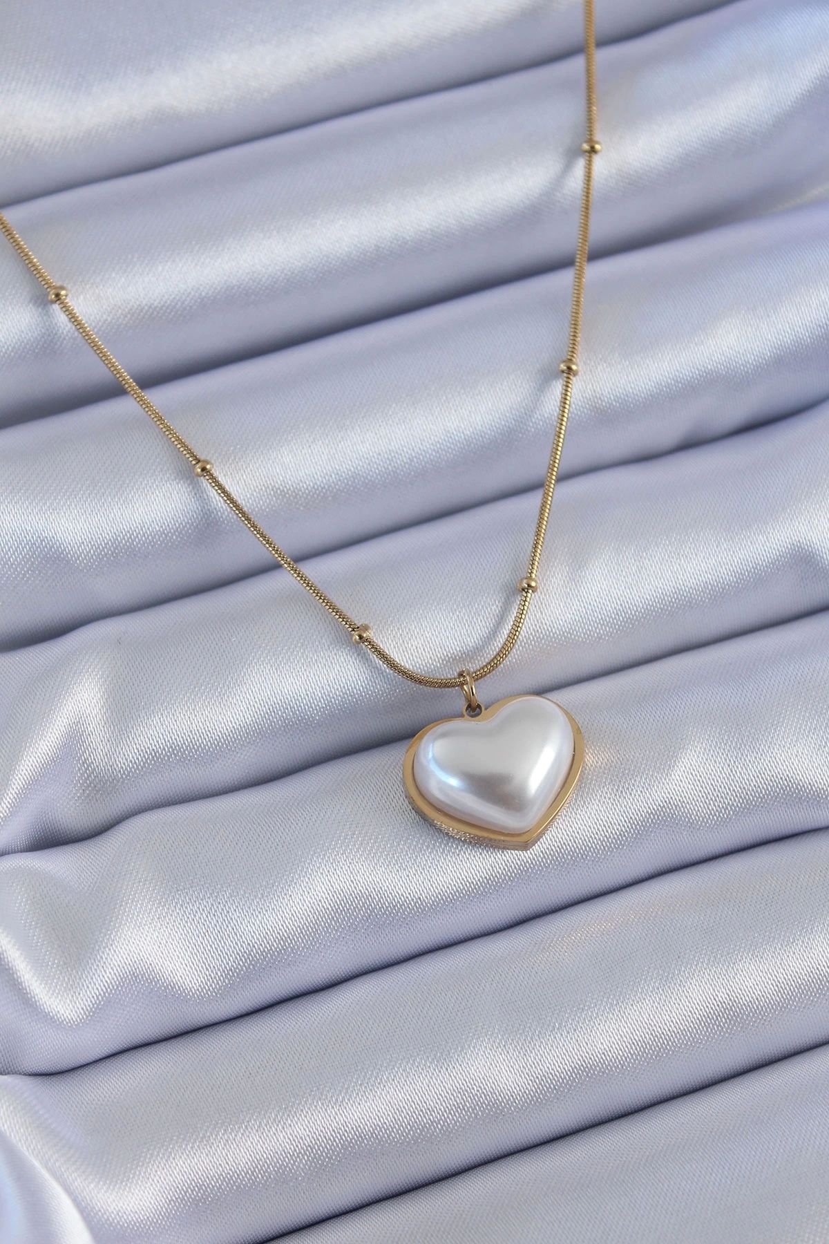 Clariss 316L Çelik Gold Renk İncili Kalp Model Minimal Top Detay Kadın Kolye