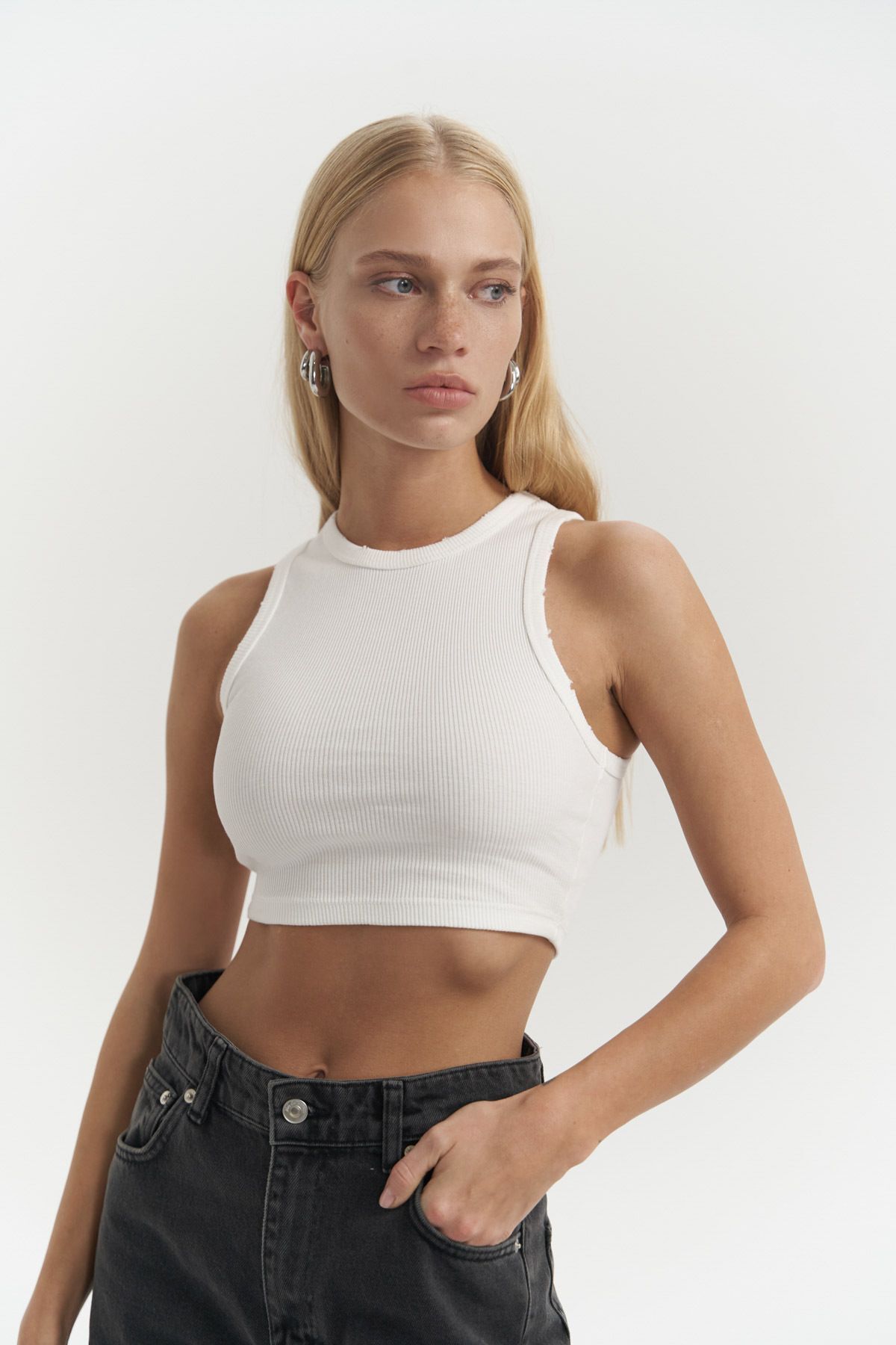 MAİ COLLECTİON-Shoulder White Washed Corded Crop 1