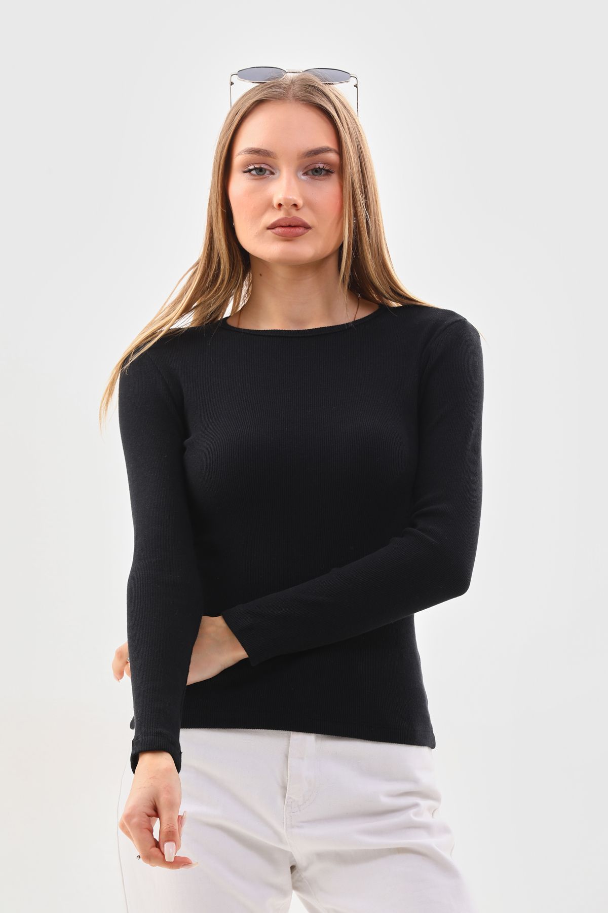 kallima Siyah Fitted/Vücuda Oturan Bisiklet Yaka Fitilli Esnek Örme Body