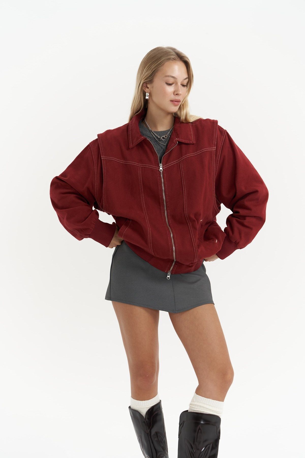 MAİ COLLECTİON-Neus Burgundy Oversize Jean Jacket 1