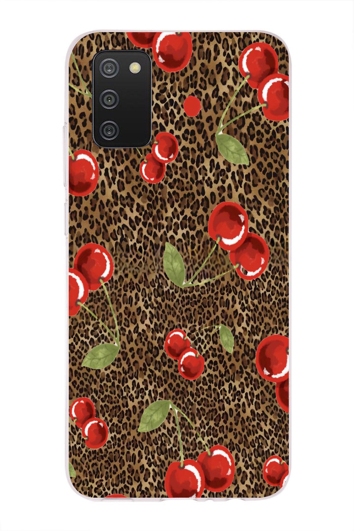 moonset Samsung Galaxy A02S Uyumlu Leopar ve Kiraz Tasarımlı Baskılı Şeffaf Telefon Kılıfı