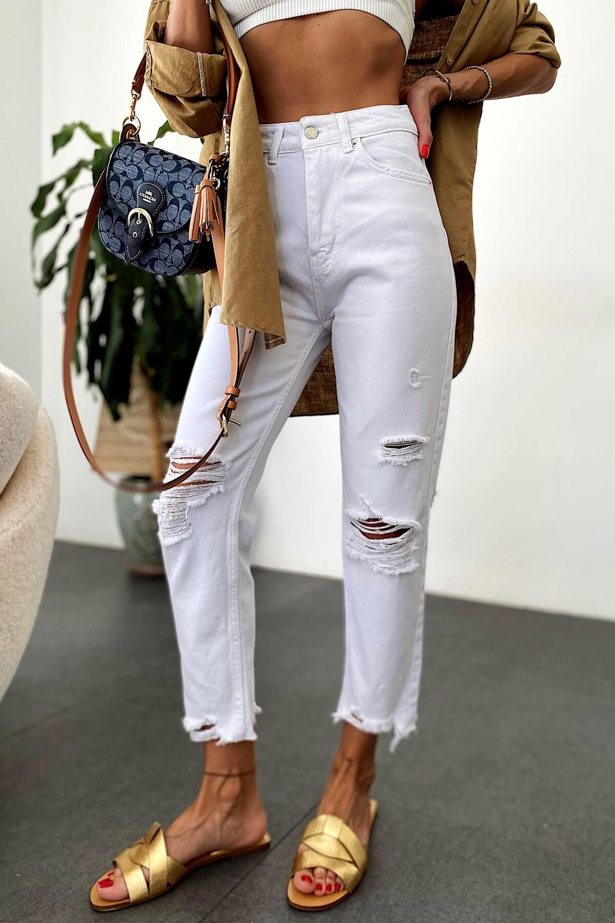Butik Gardrop Premium Kalite Yüksek Bel Tasarım Jean Pantolon Beyaz
