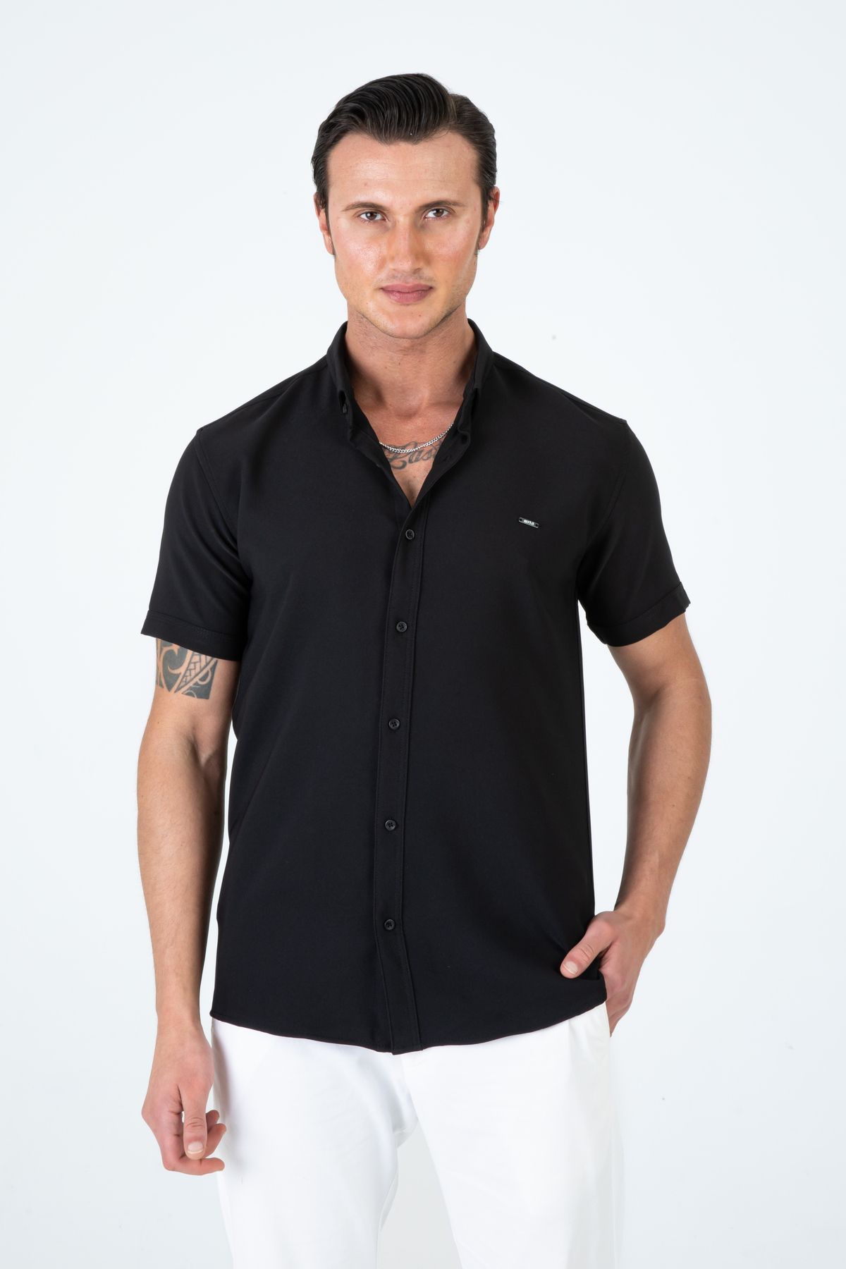 Artı1 Erkek Slim Fit Dar Kesim Kısa Kollu Nefes Alan Örme Doku Yazlık Erkek Gömlek