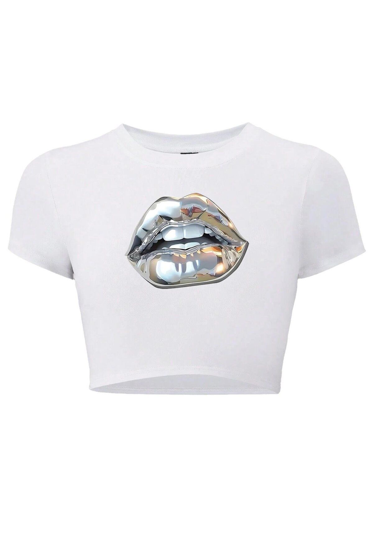 BRZ COLLECTION Kadın Silver Lip Gümüş Dudak Crop T-shirt Beyaz