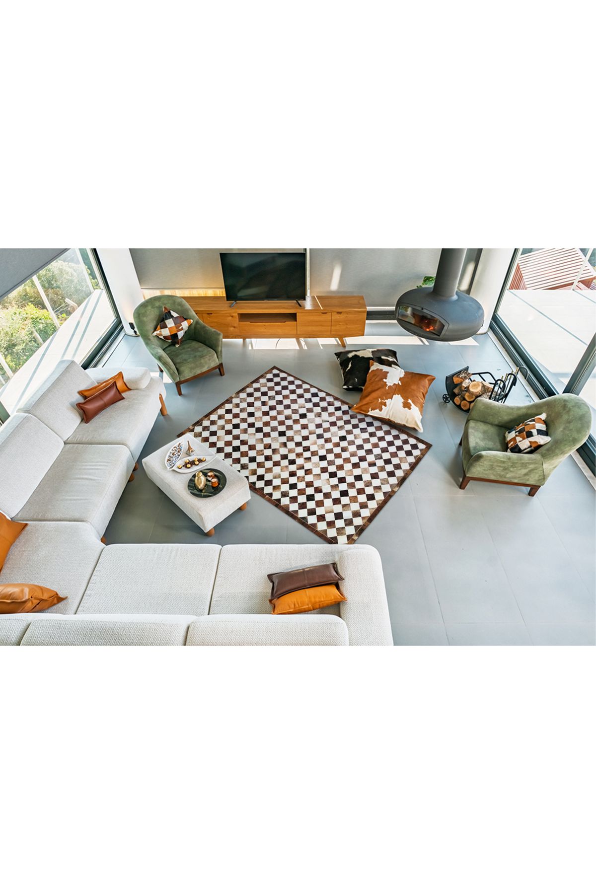 Barrio Rico %100 Doğal Dana Derisi Kaymaz Taban Premium Patchwork Halı - Beyaz Kahverengi