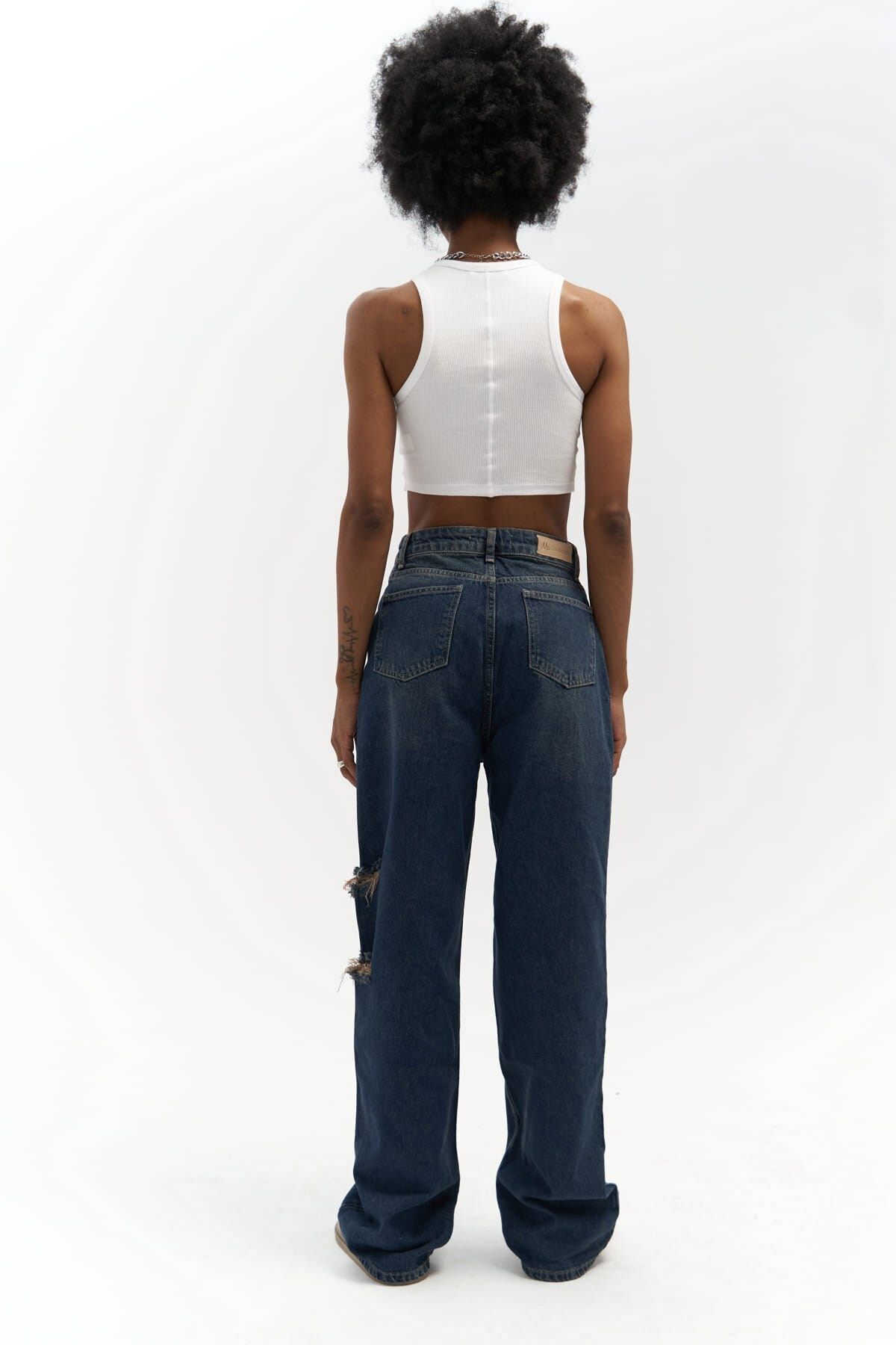 MAİ COLLECTİON-Detaliu în talie nordică Jeans albastru murdar rupt dublu 3