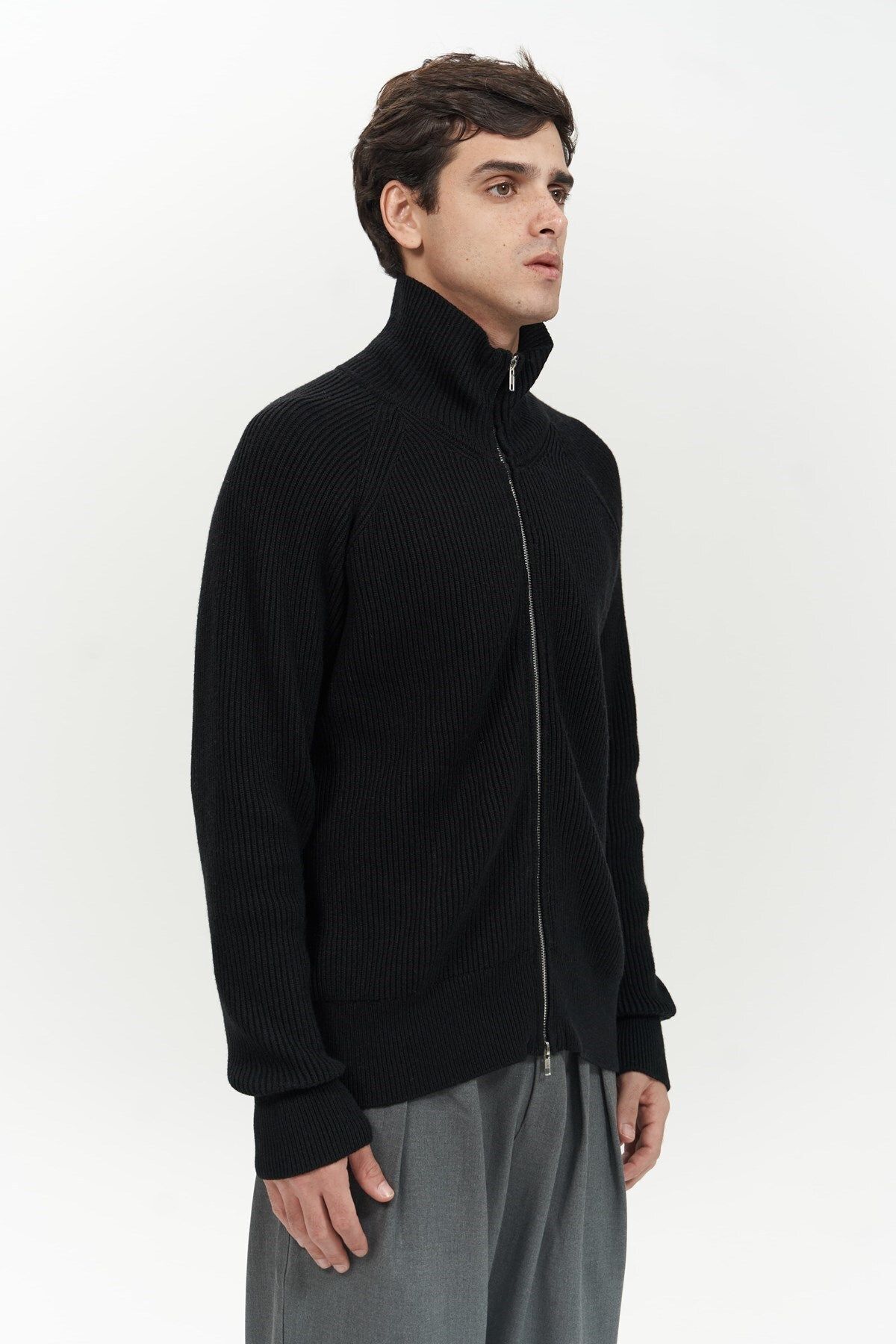 MAİ COLLECTİON-Μαύρο ανδρικό πλεκτό πουλόβερ Brock Full Zip 3