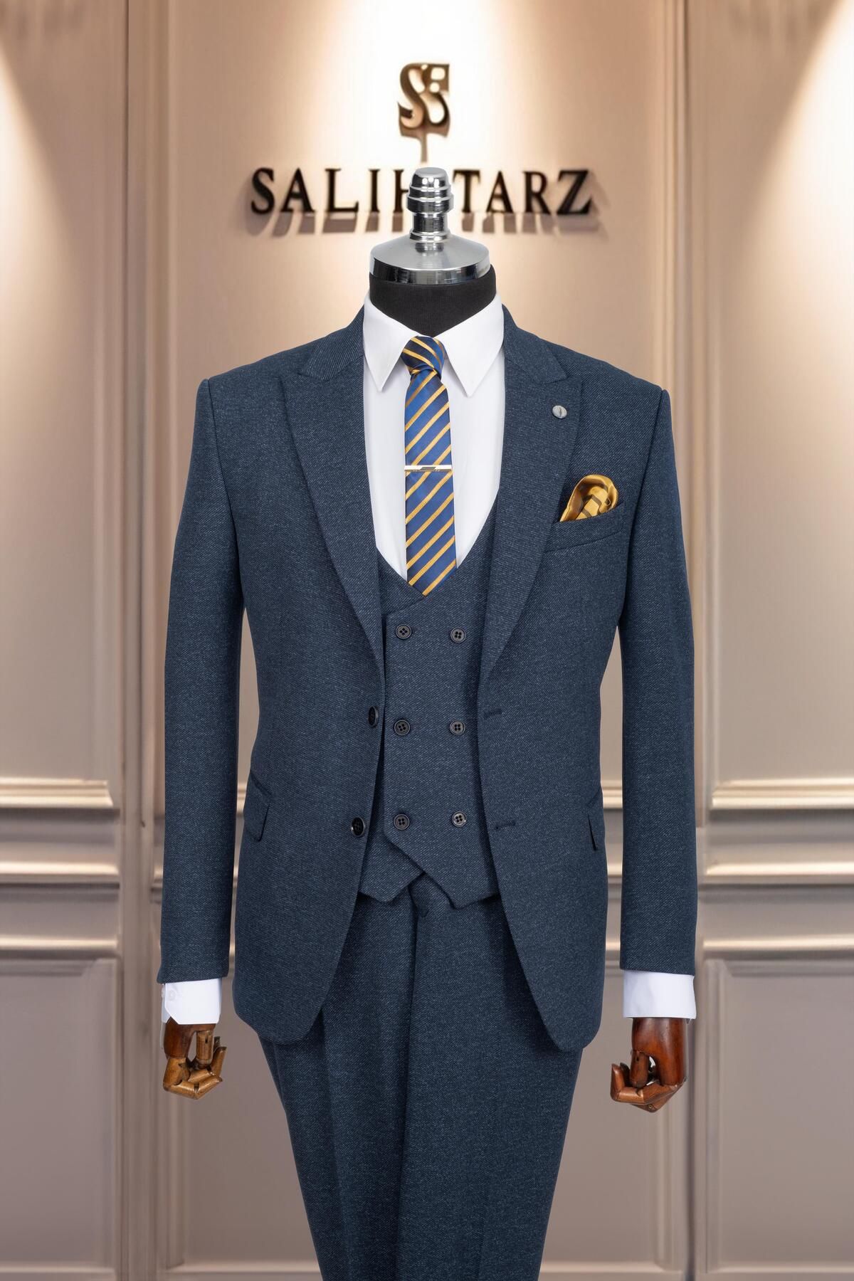 Salihtarzz Takım Elbise Yelekli SlimFit Saks SD42170