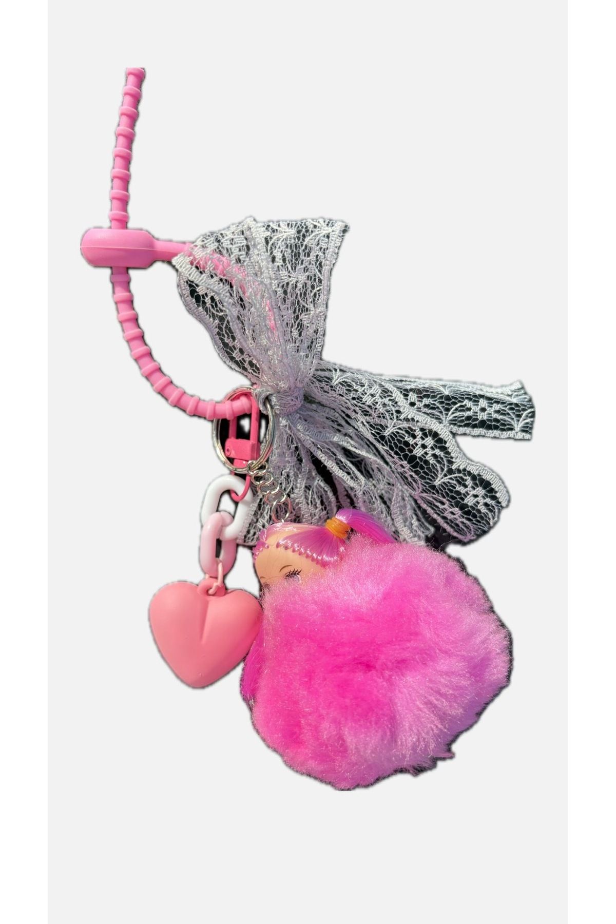 Omarder Deri Pembe bebek, pembe kalp figürlü ve dantel süslemeli çanta charmı