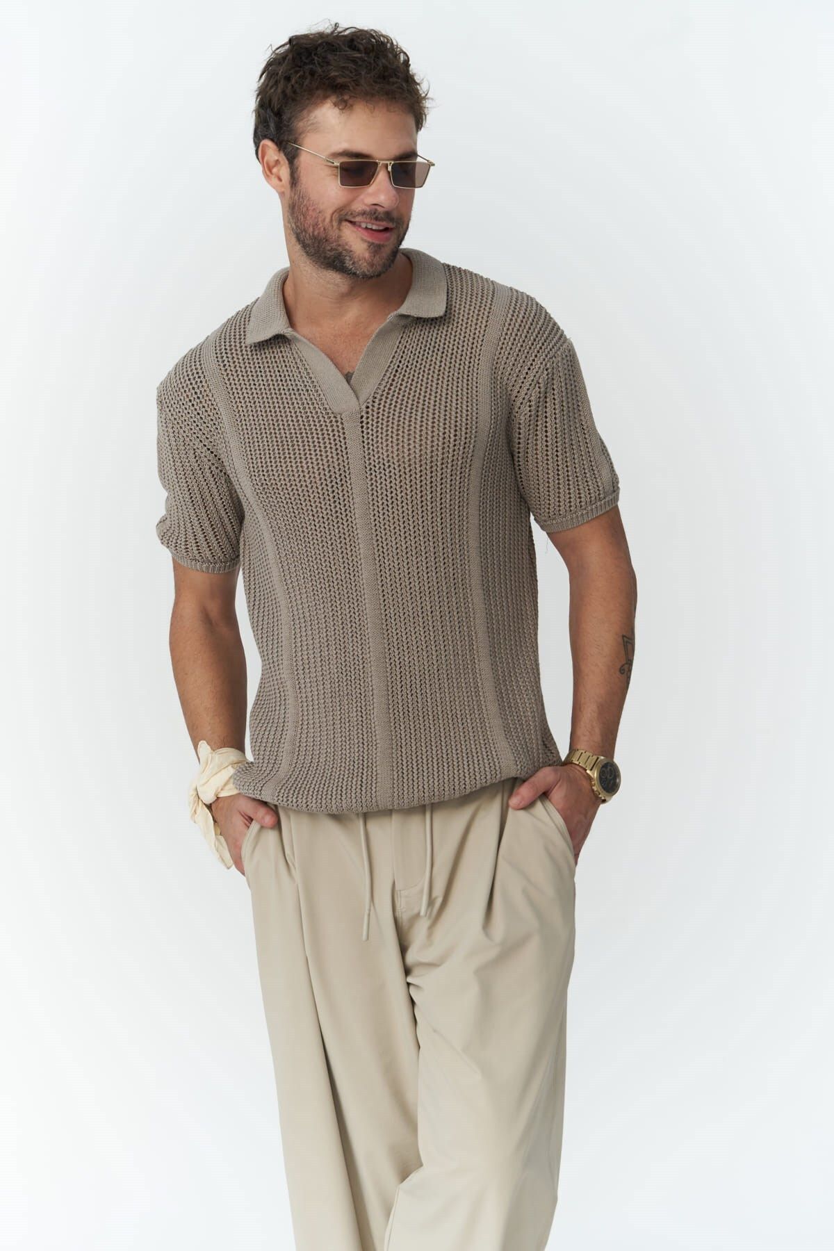 BOHEMAİ-Looke Men's Line Detail Mink Knitwear T-Shirt 2