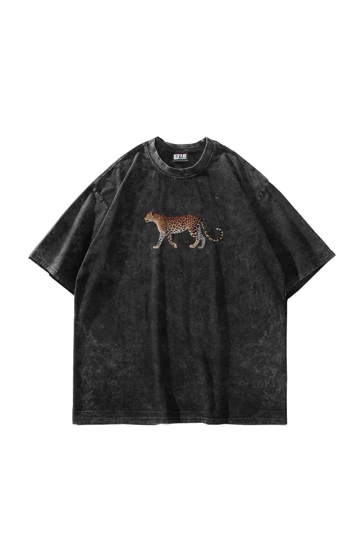 Bak Moda Walking Leopard Baskılı Oversize Unisex Yıkamalı Siyah Tshirt