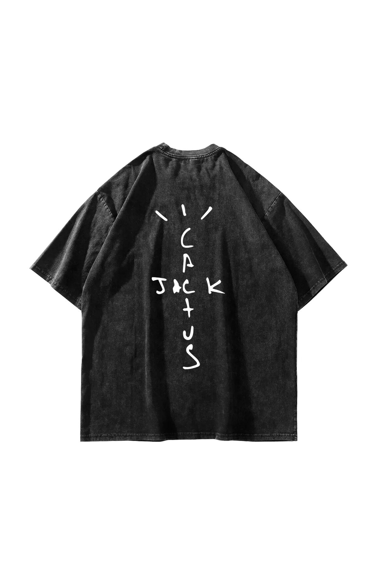 Bak Moda Cactus Jack Baskılı Oversize Unisex Yıkamalı Siyah Tshirt