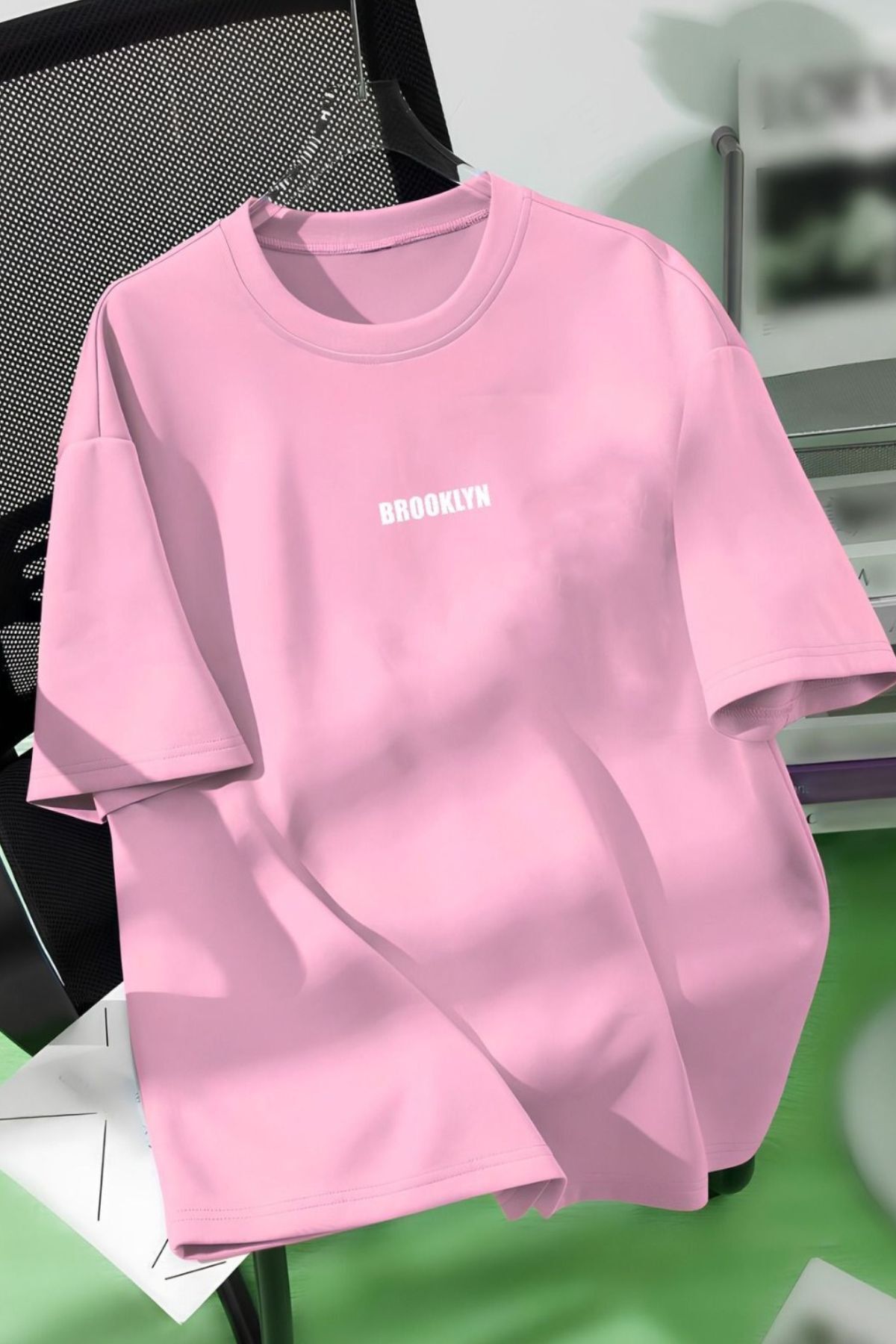 Know Unisex Erkek/Kadın Pembe BROOKLYN Renkli Özel Baskı Oversize Pamuklu Bisiklet Yaka T-Shirt Tişört