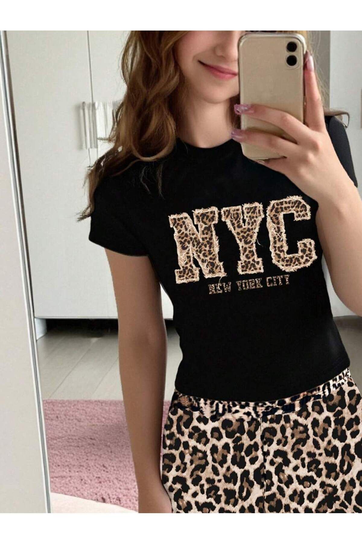 MOONBULL Kadın Leopar Kurdele Askılı Crop ile Leopar Şort Takım