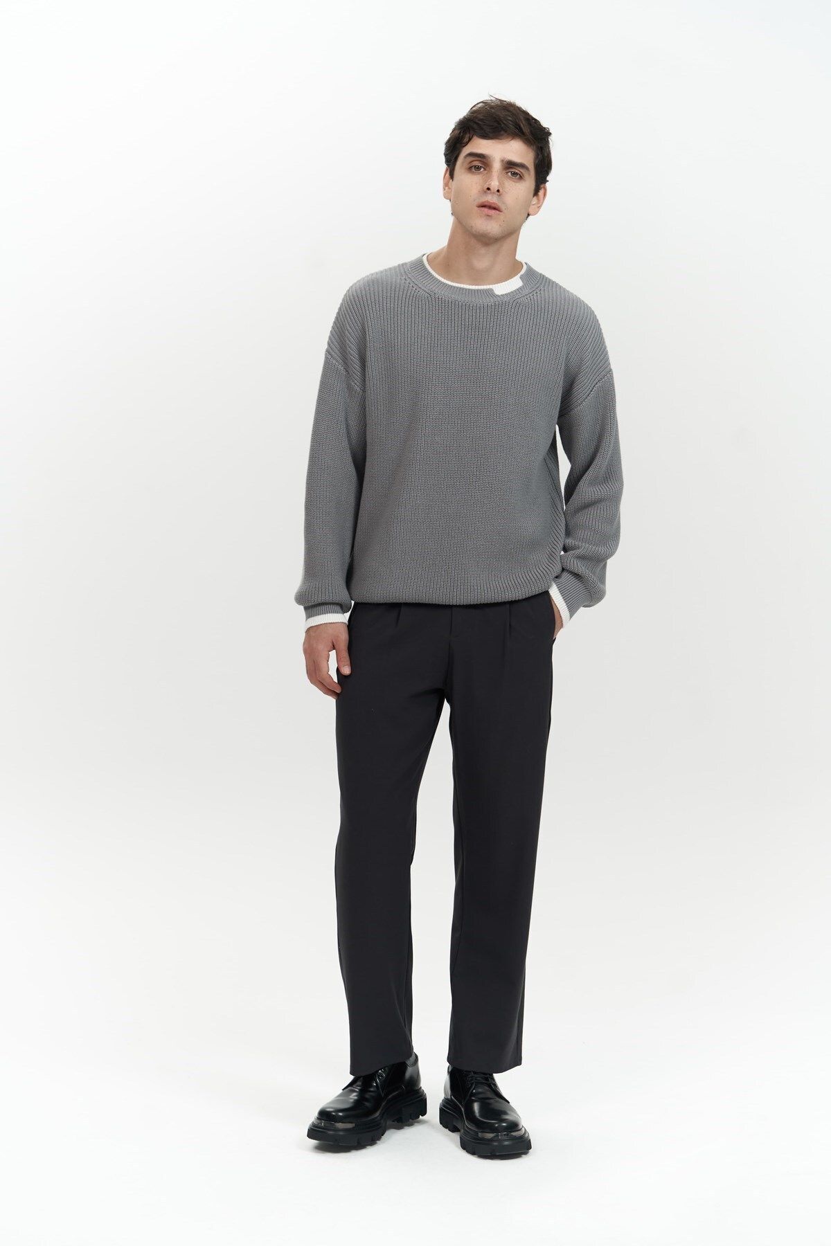 MAİ COLLECTİON-Carter Double Collar Detailed Gray Men's Knitwear Sweater 6