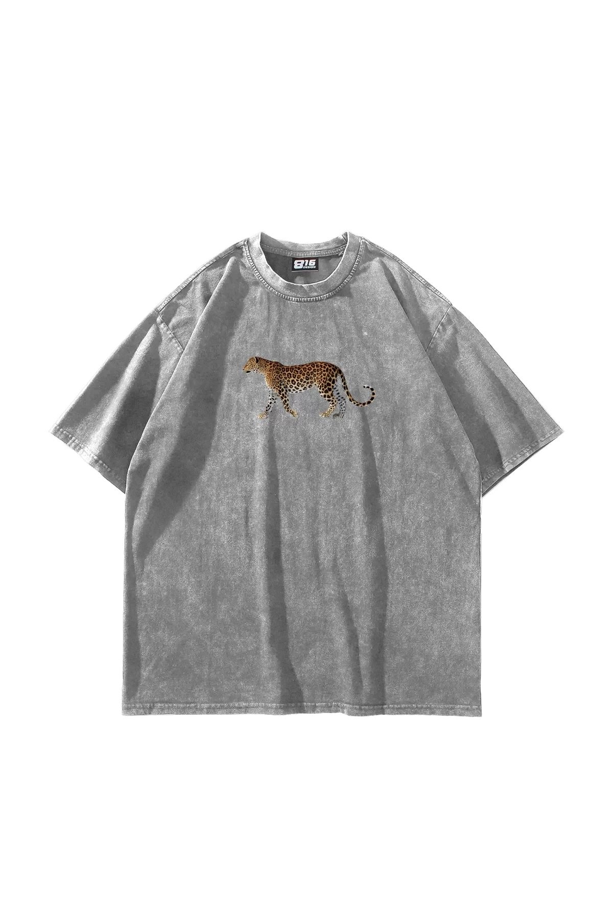 Bak Moda Walking Leopard Baskılı Oversize Unisex Yıkamalı Beyaz Tshirt