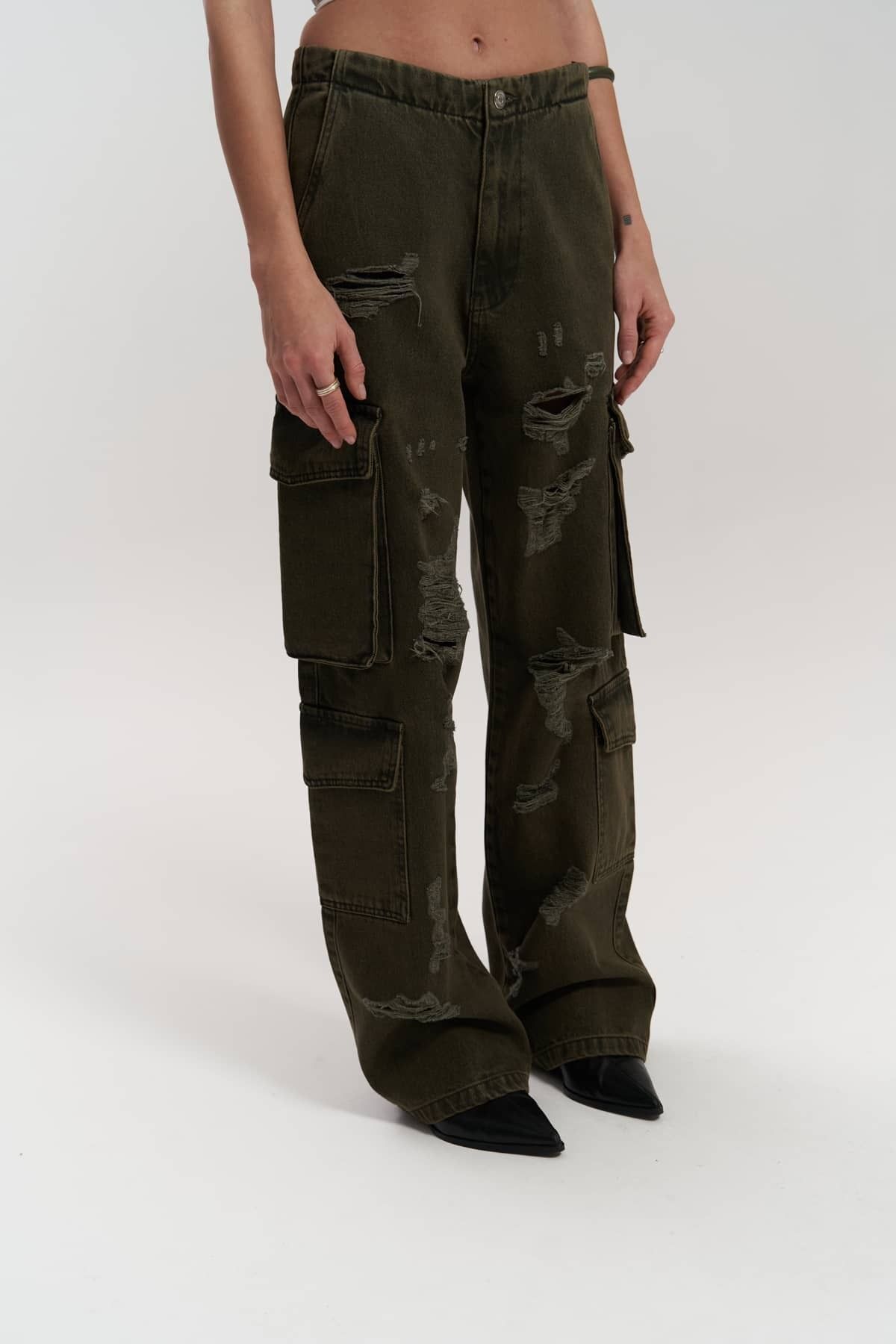 MAİ COLLECTİON-Pantaloni cargo cu detalii rupte Dries Dirty Green 4