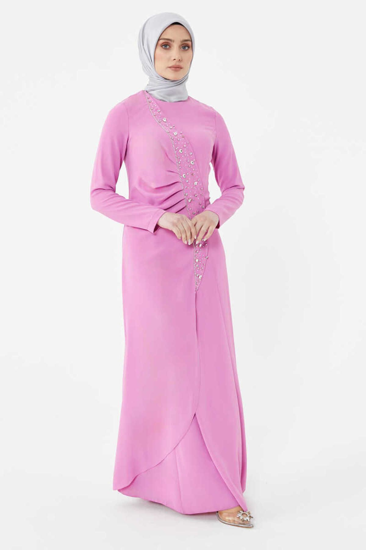 Setrms 2425129-2325129 Taşlı Drape Detaylı Abiye Elbise
