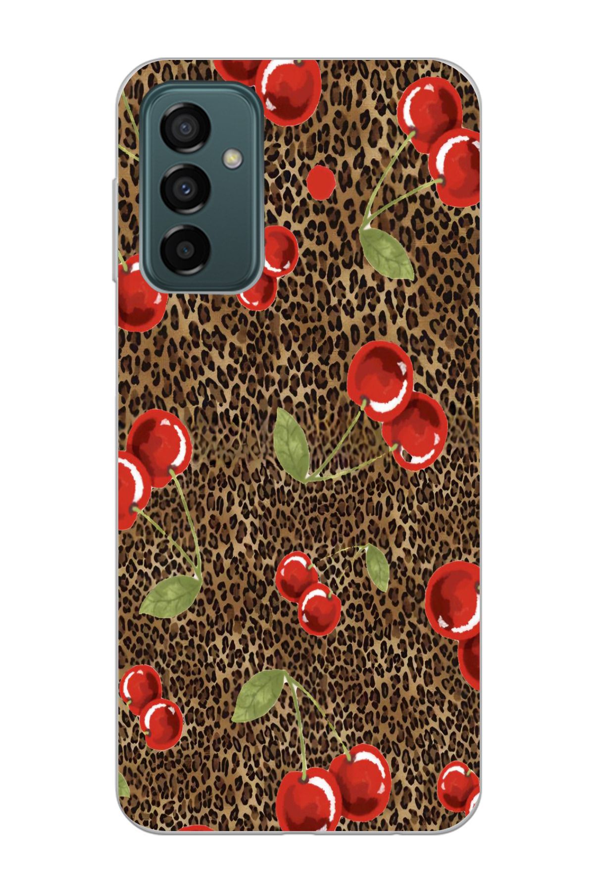 moonset Samsung Galaxy M13 / M23 Uyumlu Leopar ve Kiraz Tasarımlı Baskılı Şeffaf Telefon Kılıfı