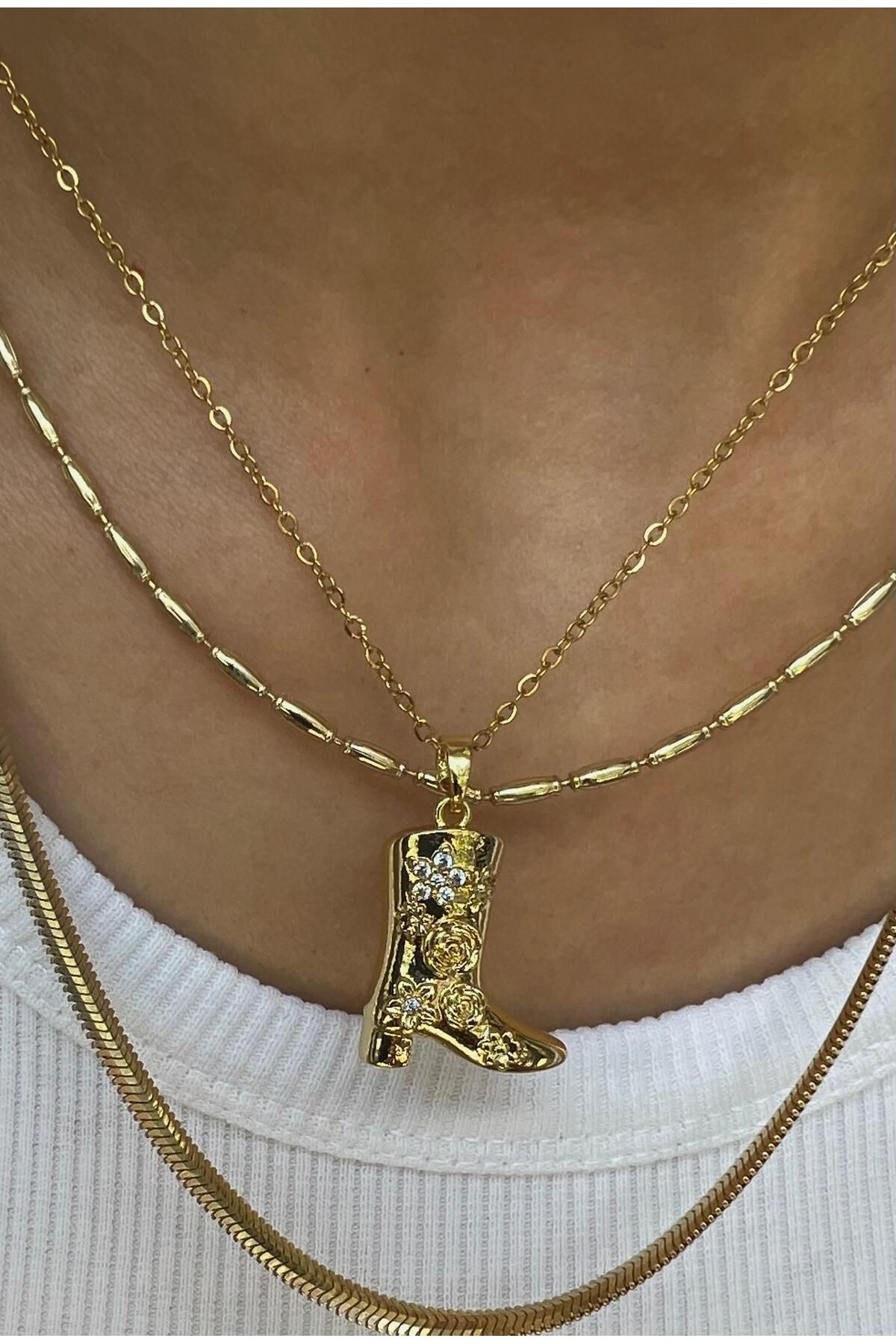 rimeaccessories çelik gold vintage taşlı çizme model kolye