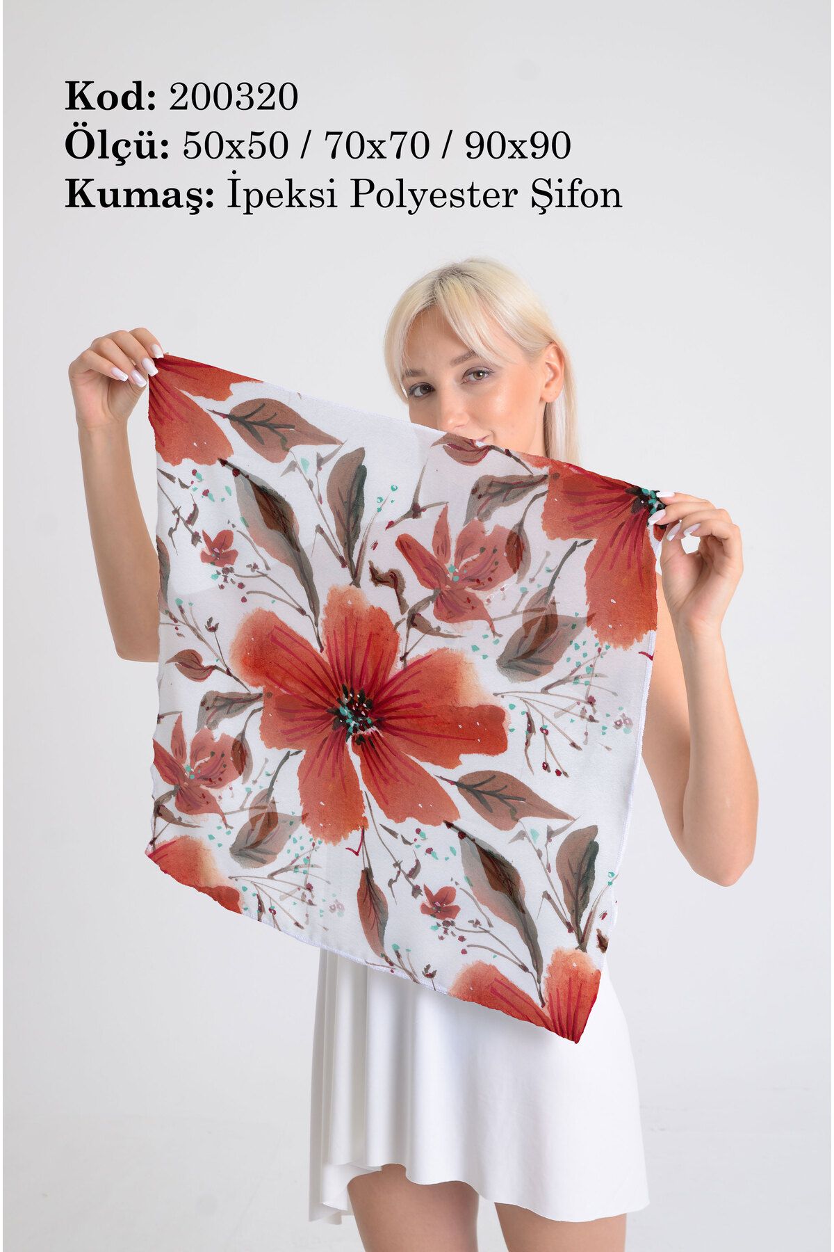 DESENİX Canlı Kırmızı Çiçekler Desenli İpeksi Şifon Fular - Şal, Eşarp, Boyunluk - 50x50, 70x70, 90x90 cm