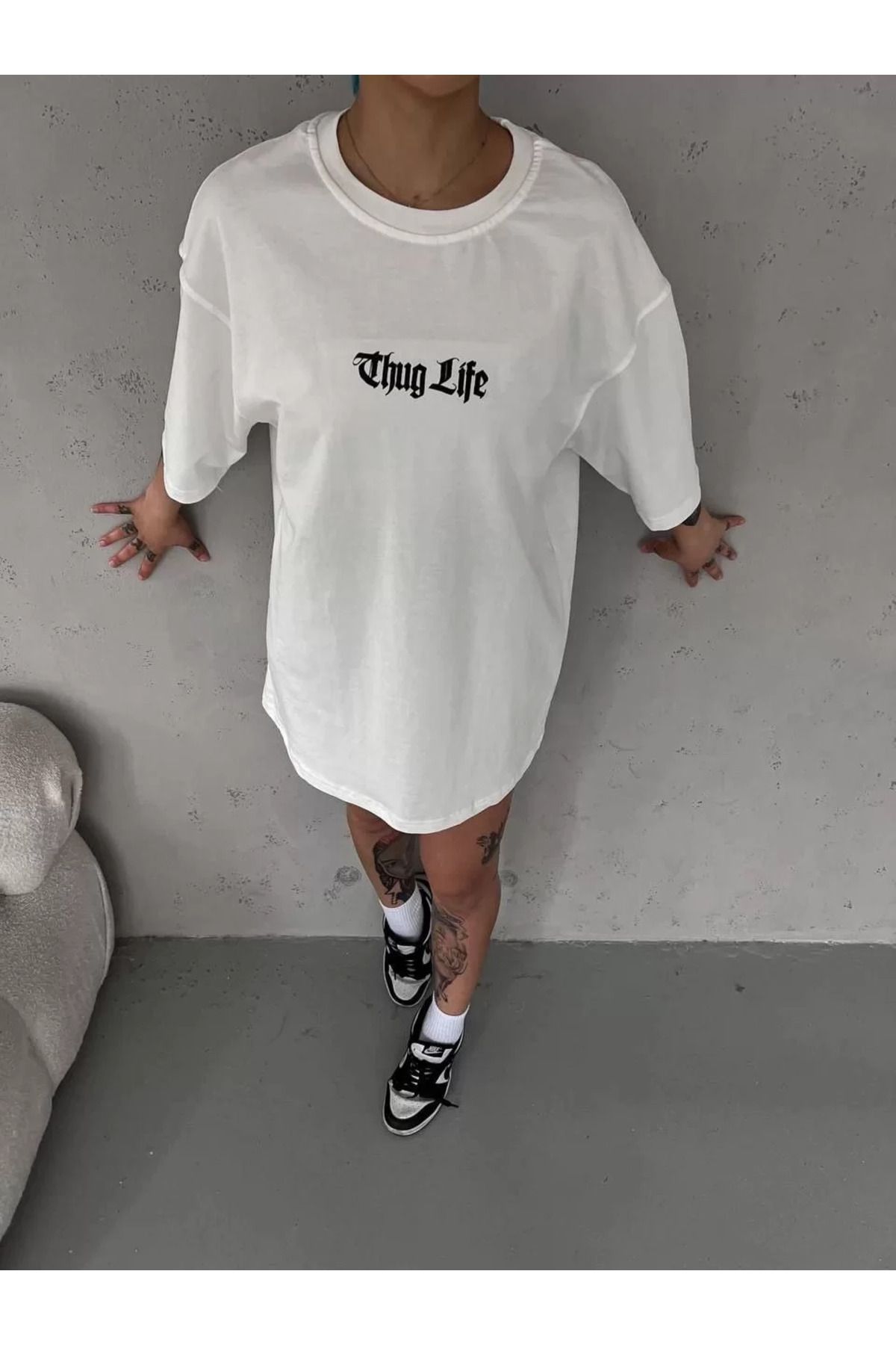 FantaziAtölyesi Unisex Bisiklet Yaka Baskılı Oversize T-Shirt - Beyaz