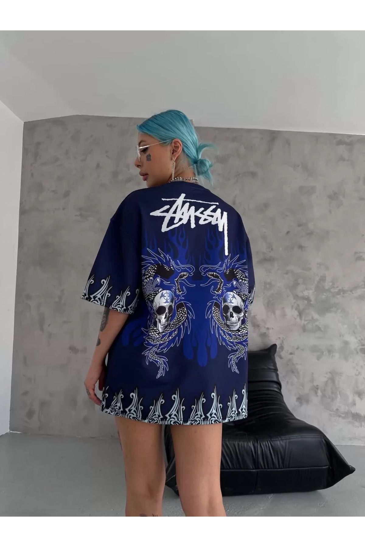 FantaziAtölyesi Unisex Bisiklet Yaka Baskılı Oversize T-Shirt - Lacivert