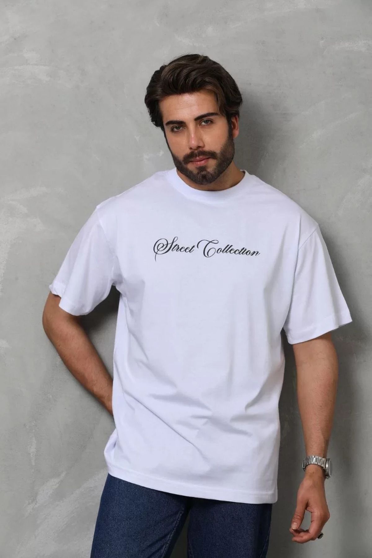 FantaziAtölyesi Unisex Bisiklet Yaka Baskılı Oversize T-Shirt - Beyaz