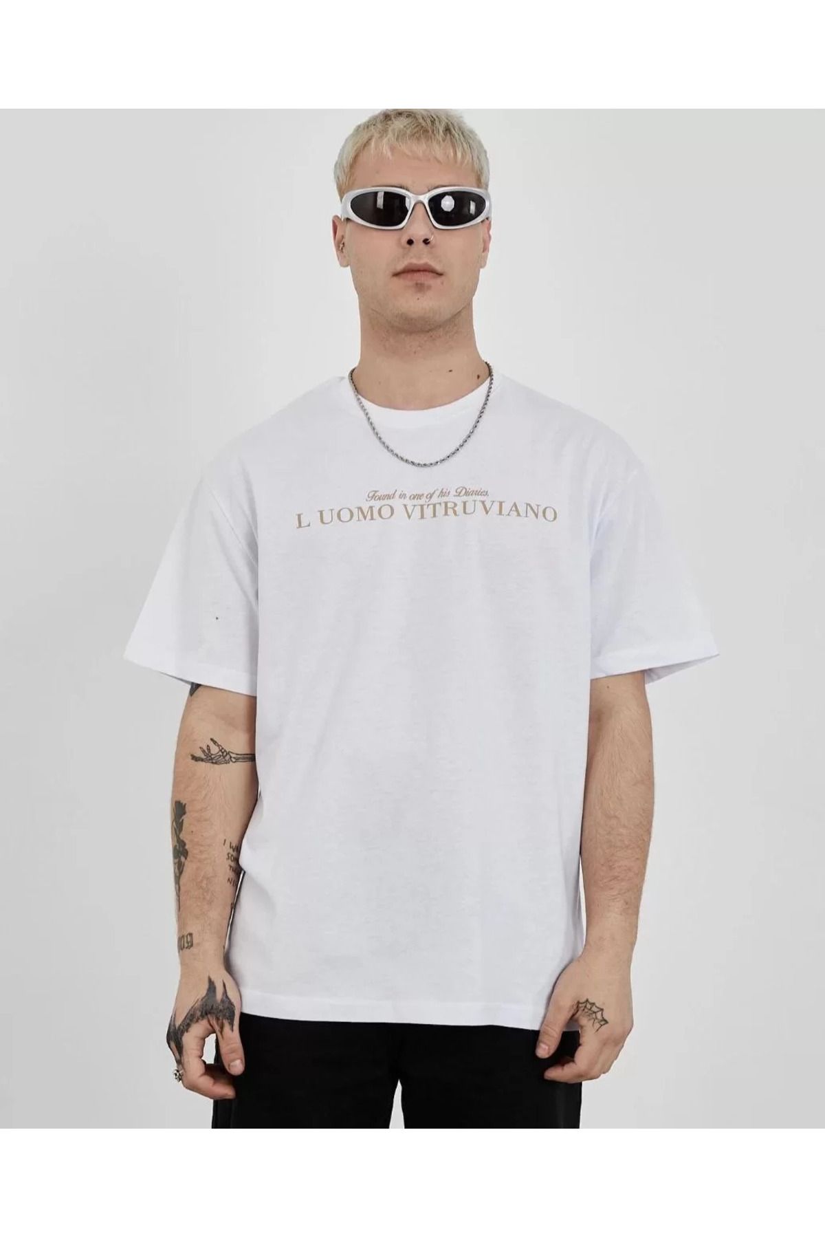 FantaziAtölyesi Unisex Bisiklet Yaka Baskılı Oversize T-Shirt - Beyaz