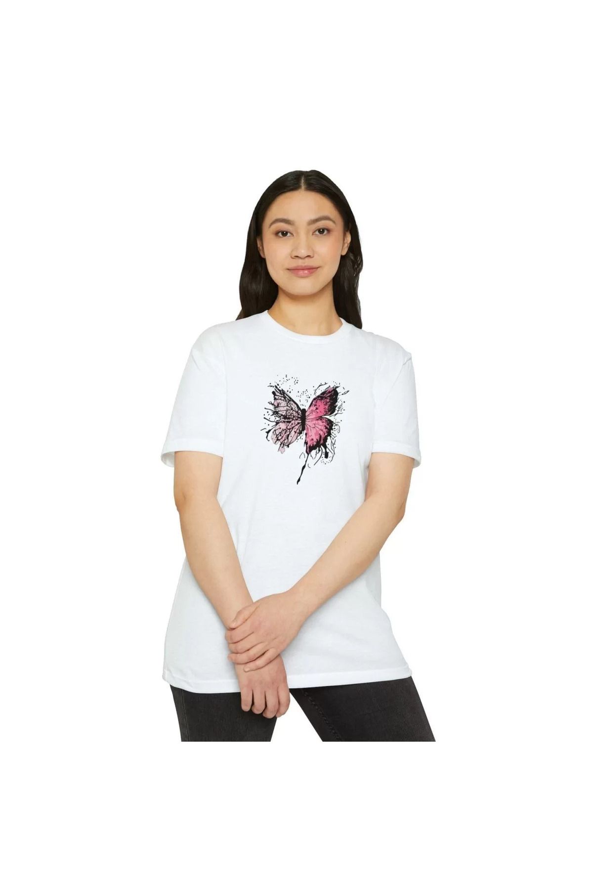 FantaziAtölyesi Unisex Kadın Bisiklet Yaka Baskılı T-Shirt - Beyaz