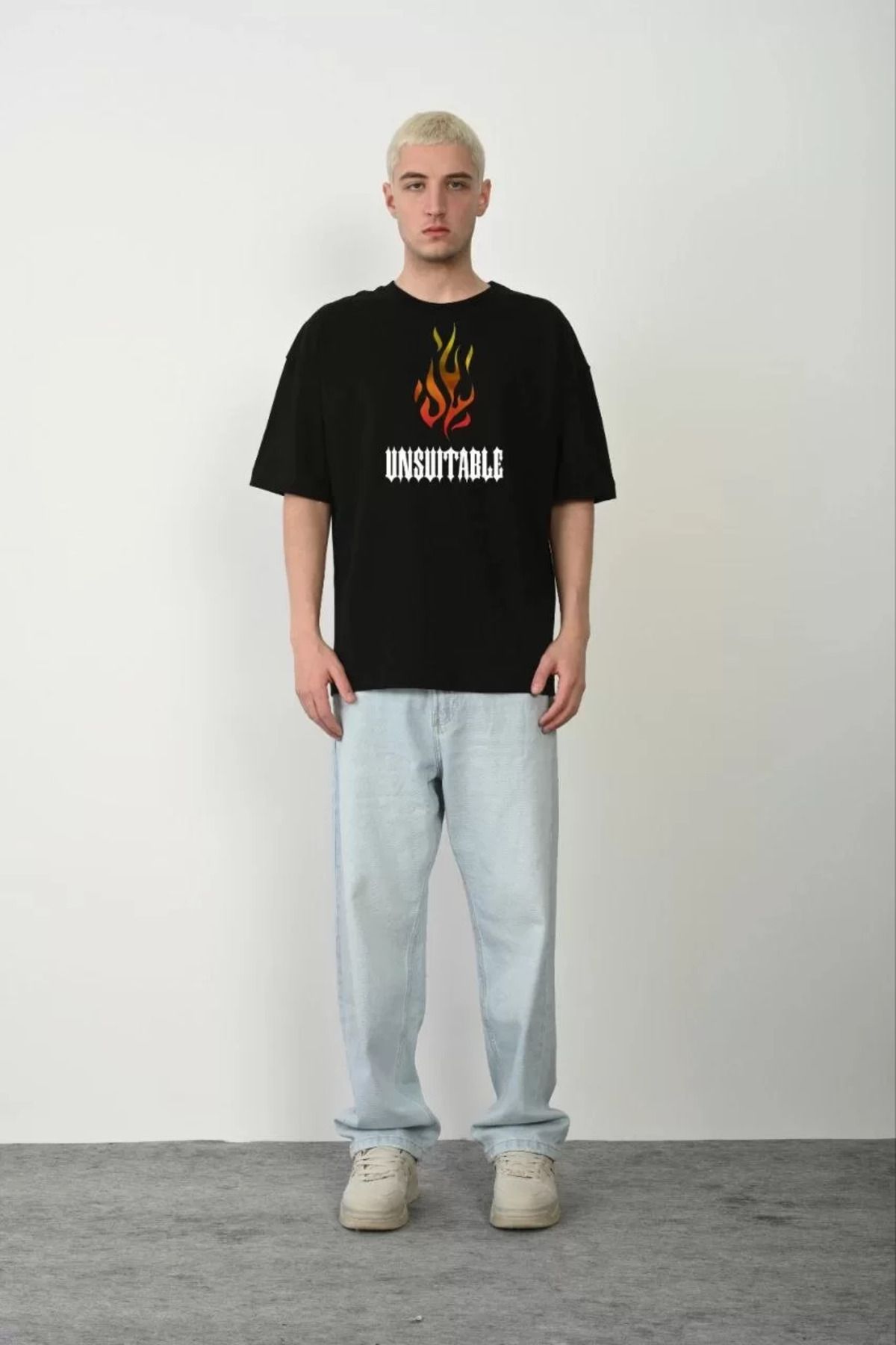 FantaziAtölyesi Unisex Bisiklet Yaka Baskılı Oversize T-Shirt - Siyah