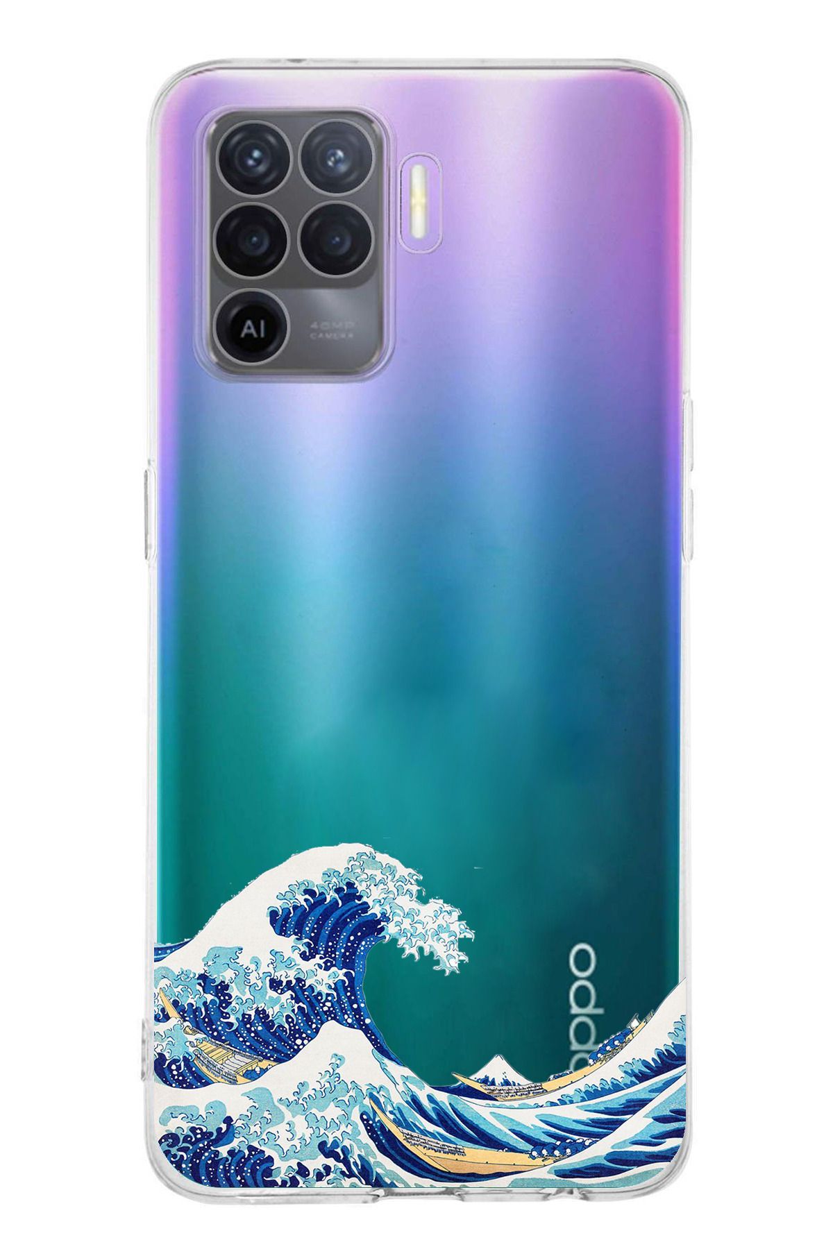 TechTree Oppo Reno 5 Lite Uyumlu Kanagawa Oki Nami Ura Dalgası Tasarımlı Şeffaf Silikon Kılıf
