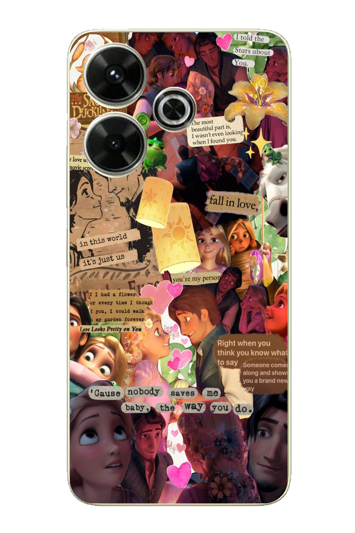 TechTree Redmi 13 Uyumlu Rapunzel Tangled Çıkartma Kolaj Tasarımlı Şeffaf Silikon Kılıf
