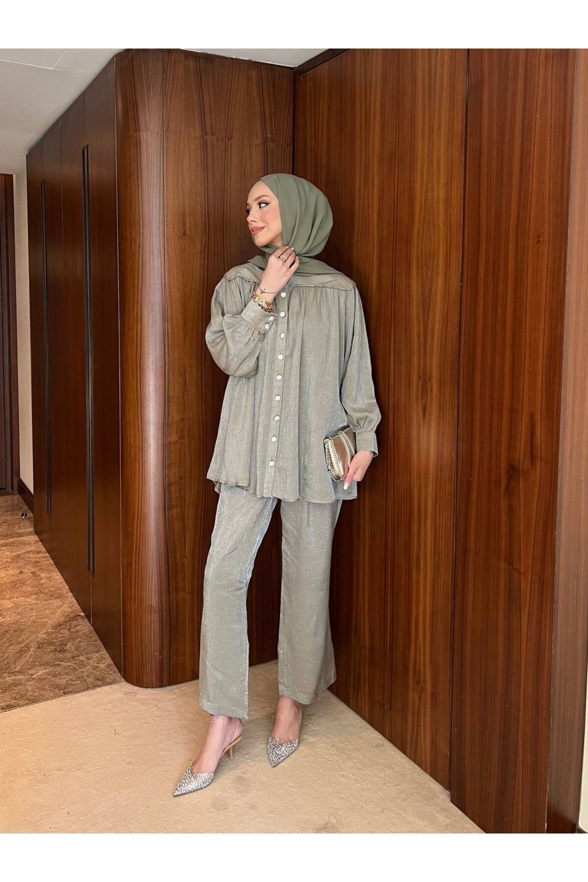 İnce Stil-Stone Detail Buttoned Tunic Set 4