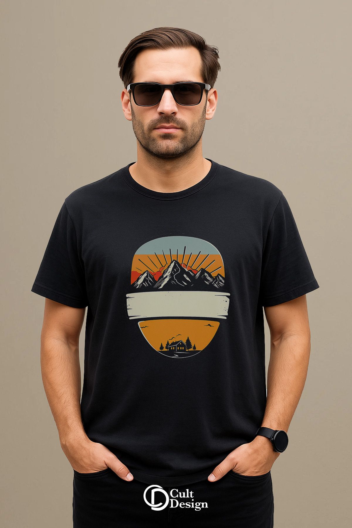 CULTDESİGN DAĞ MANZARA ERKEK Özel Premium Baskılı Basic, Organik Pamuklu, Bisiklet Yaka T-Shirt