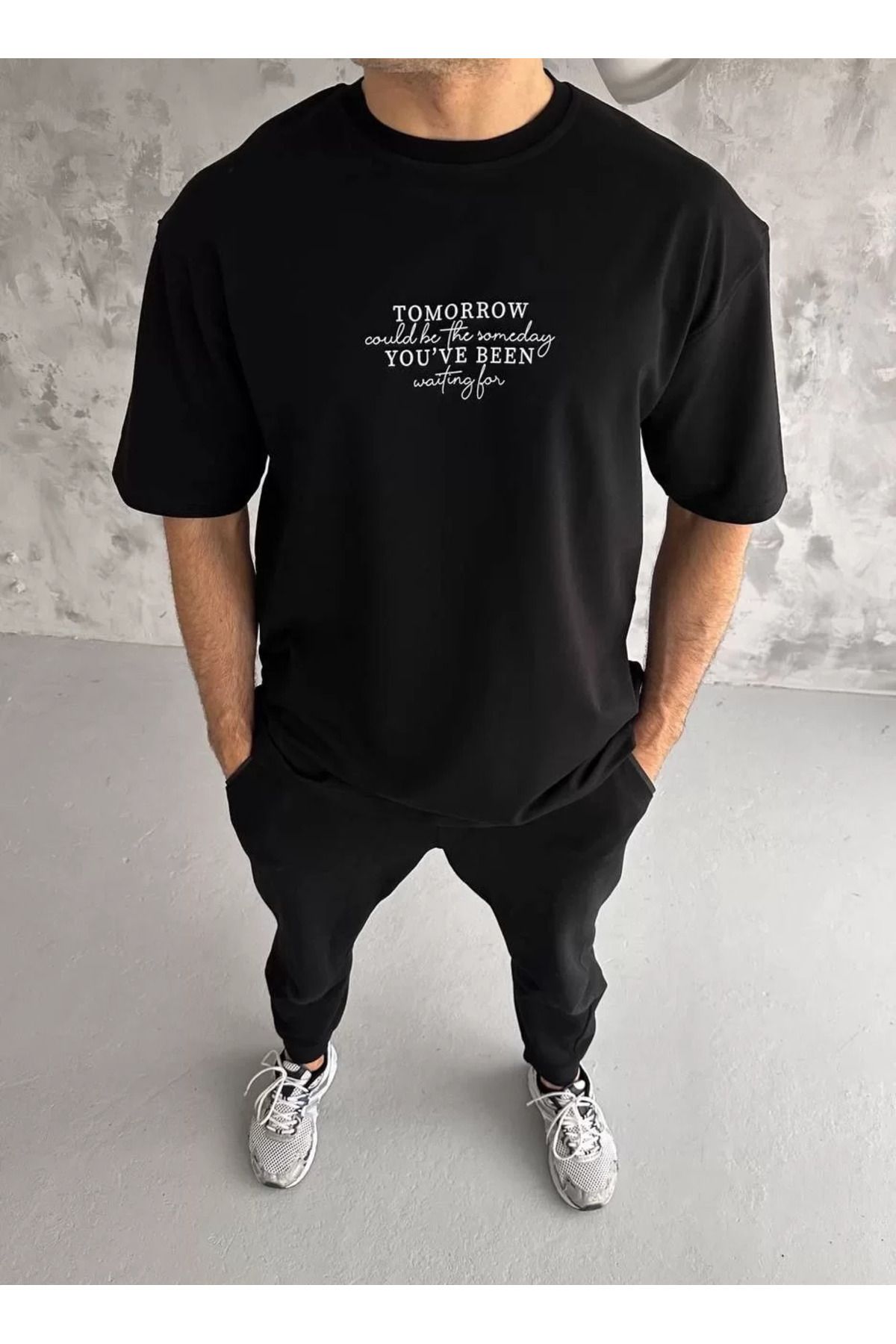 FantaziAtölyesi Unisex Bisiklet Yaka Baskılı Oversize T-Shirt - Siyah
