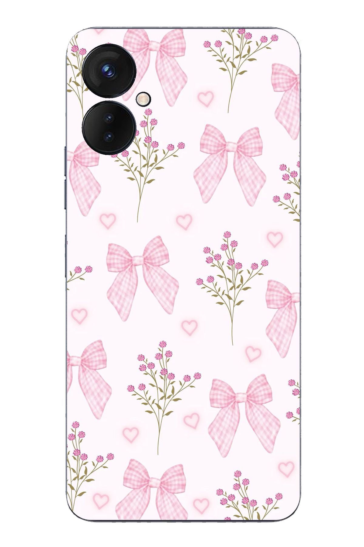 TechTree Tecno Spark 9 Pro Uyumlu Pembe Çiçek ve Fiyonklar Şeffaf Silikon Kılıf